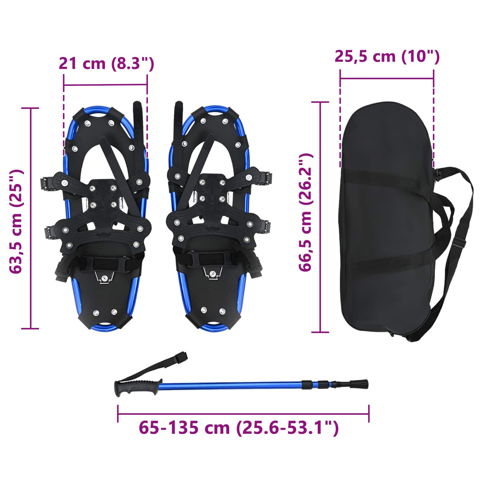Racchette da neve 3 in 1 con bastoni da trekking Blu e Nero