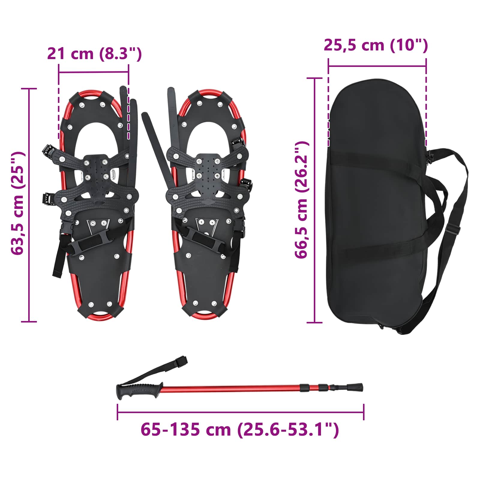 Racchette da neve 3 in 1 con bastoni da trekking Rosso e Nero