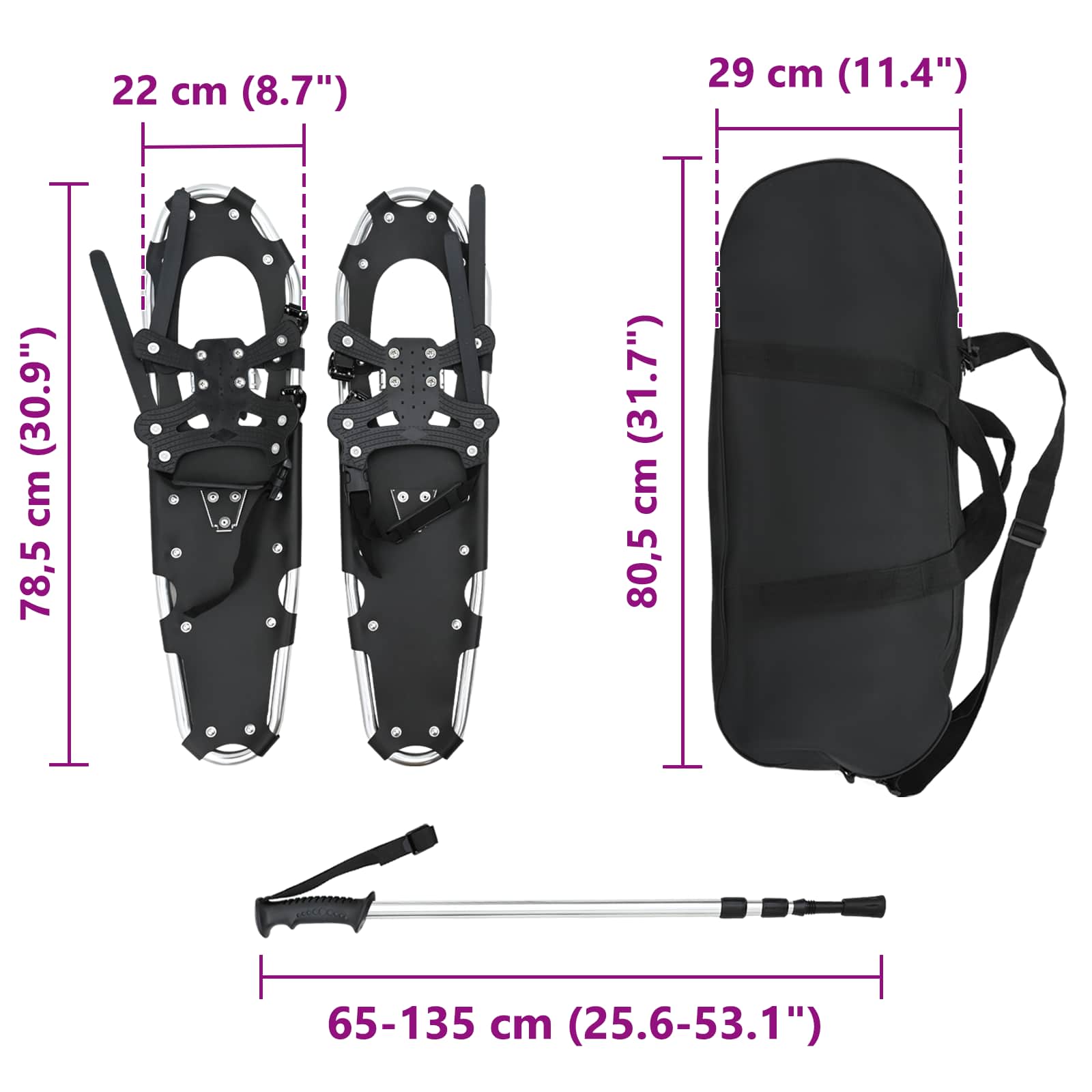 Racchette da neve 3 in 1 con bastoni da trekking Argento e Nero
