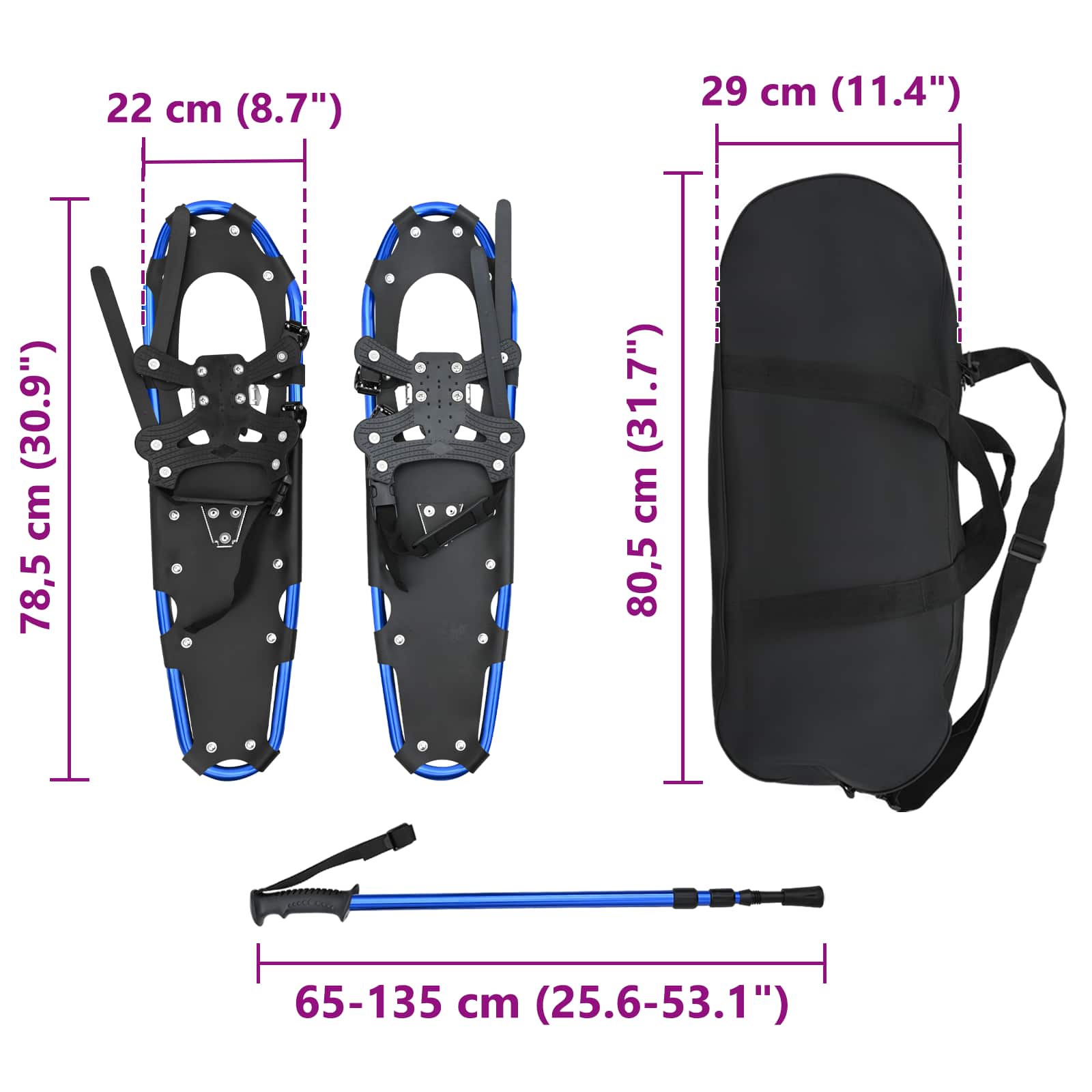 Racchette da neve 3 in 1 con bastoni da trekking Blu e Nero