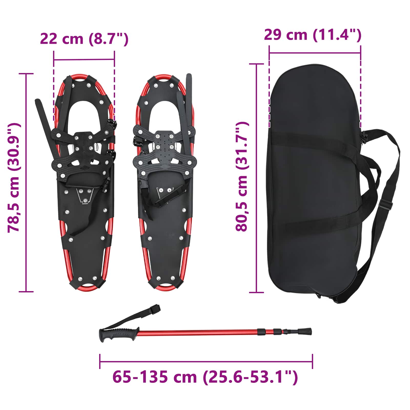 Racchette da neve 3 in 1 con bastoni da trekking Rosso e Nero