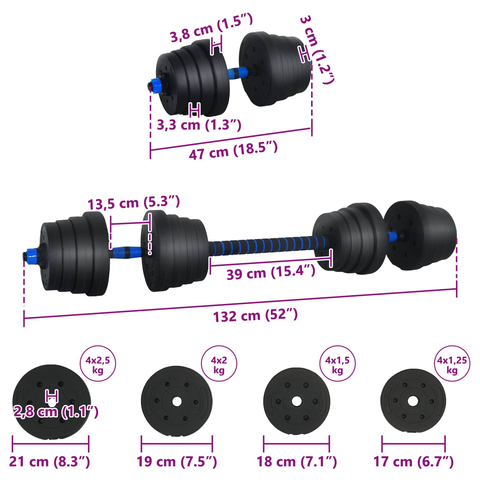 Set Manubri e Bilanciere 2-in-1 30 kg Nero e Blu