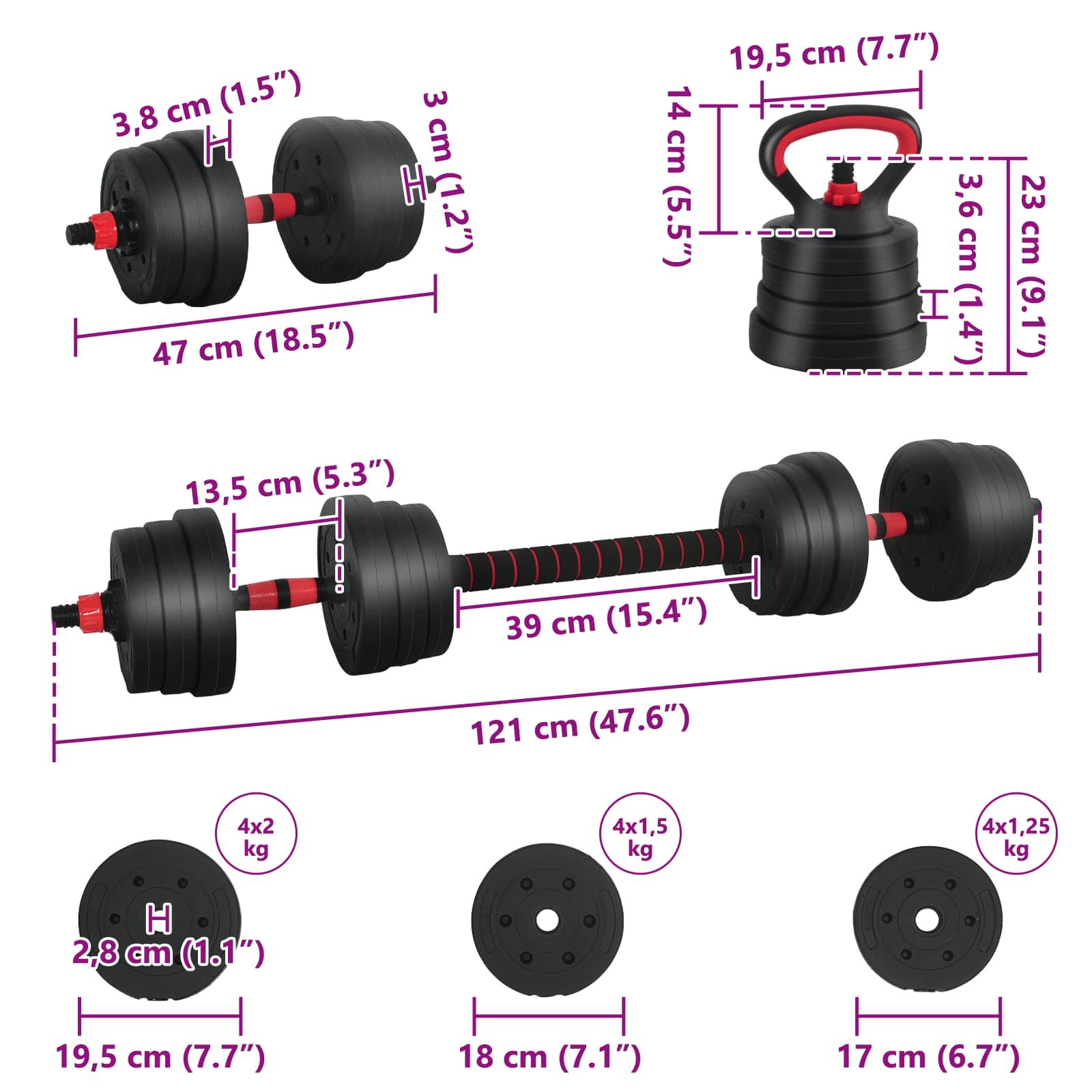 Set di manubri 4-in-1 20 kg Nero e Rosso