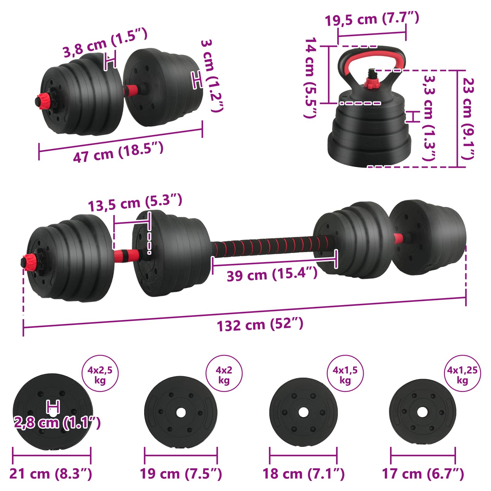 Set di manubri 4-in-1 30 kg Nero e Rosso