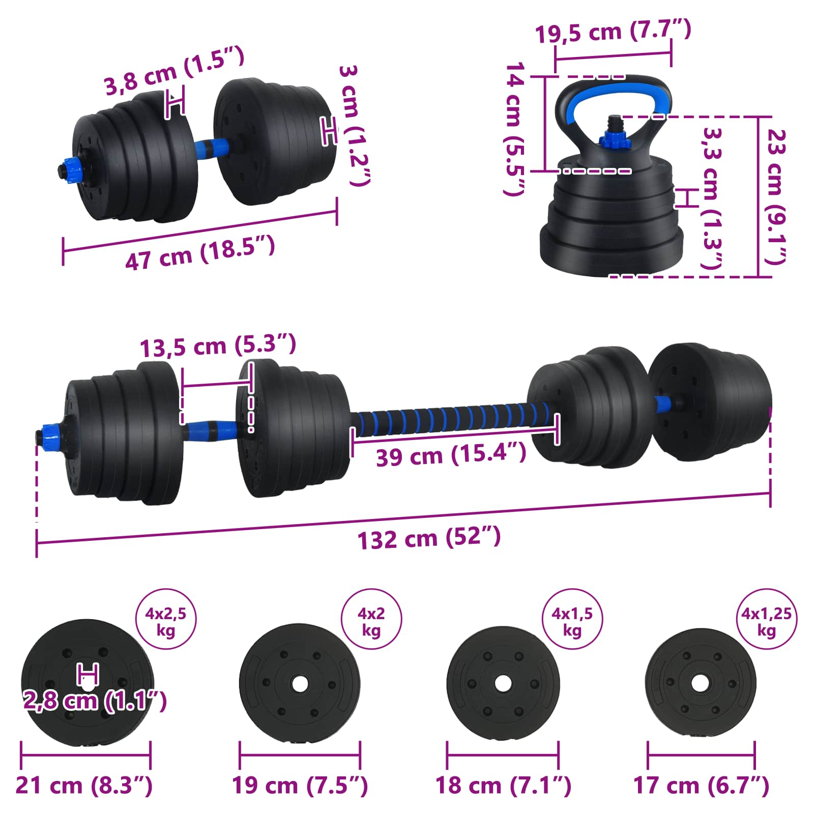 Set di manubri 4-in-1 30 kg Nero e Blu