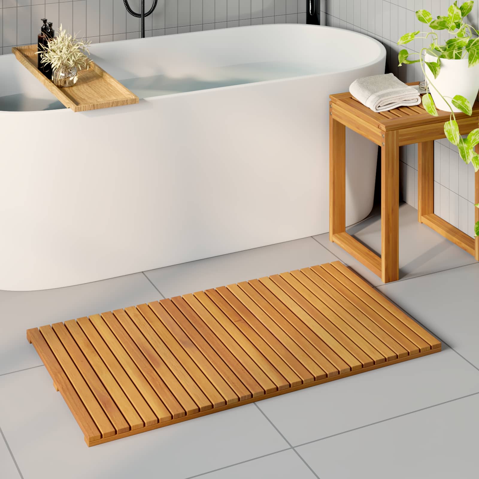 Tappeto da bagno Naturale 100 x 55 cm Legno di Acacia Massello