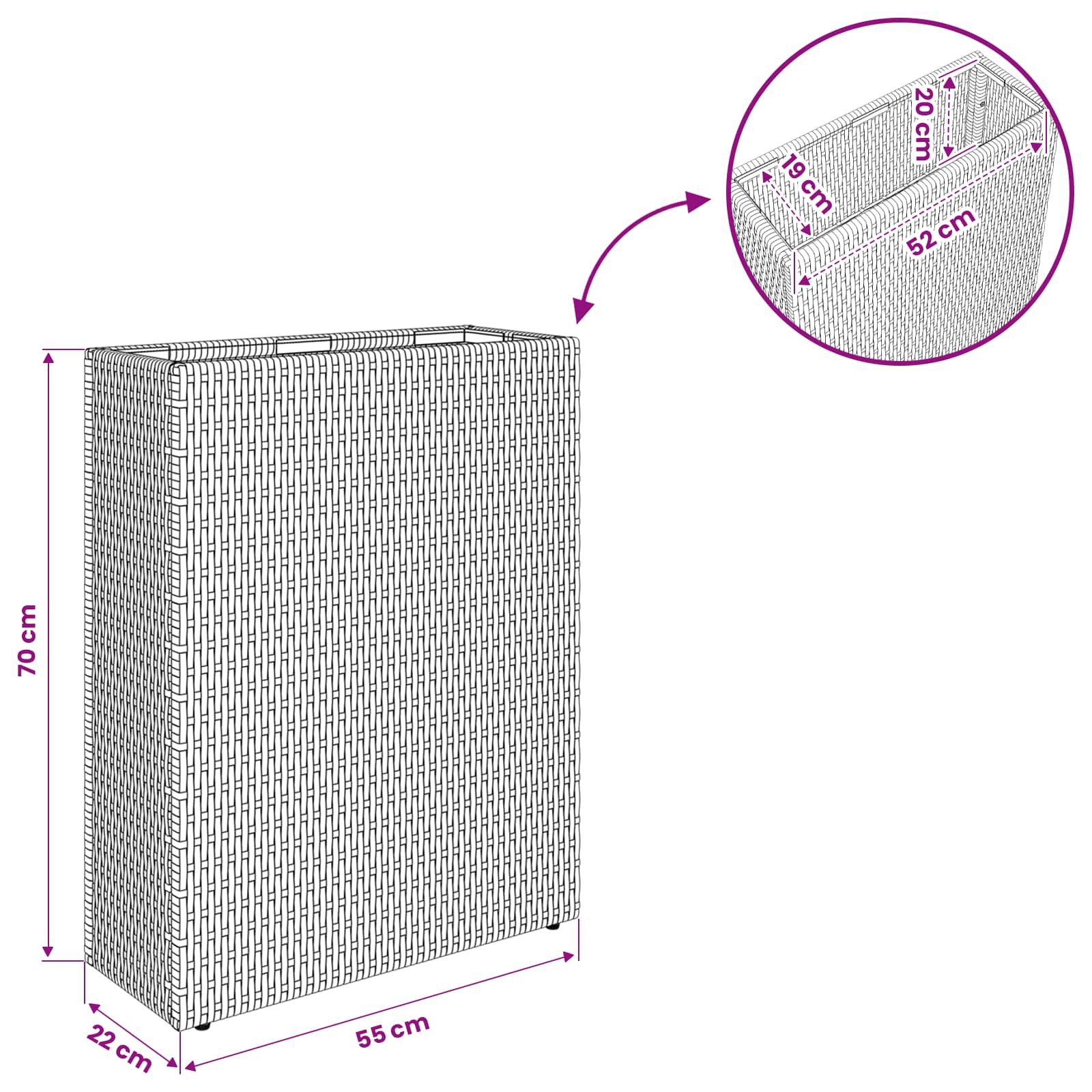 Vasetto alto Nero 55 x 22 x 70 cm polyrattan