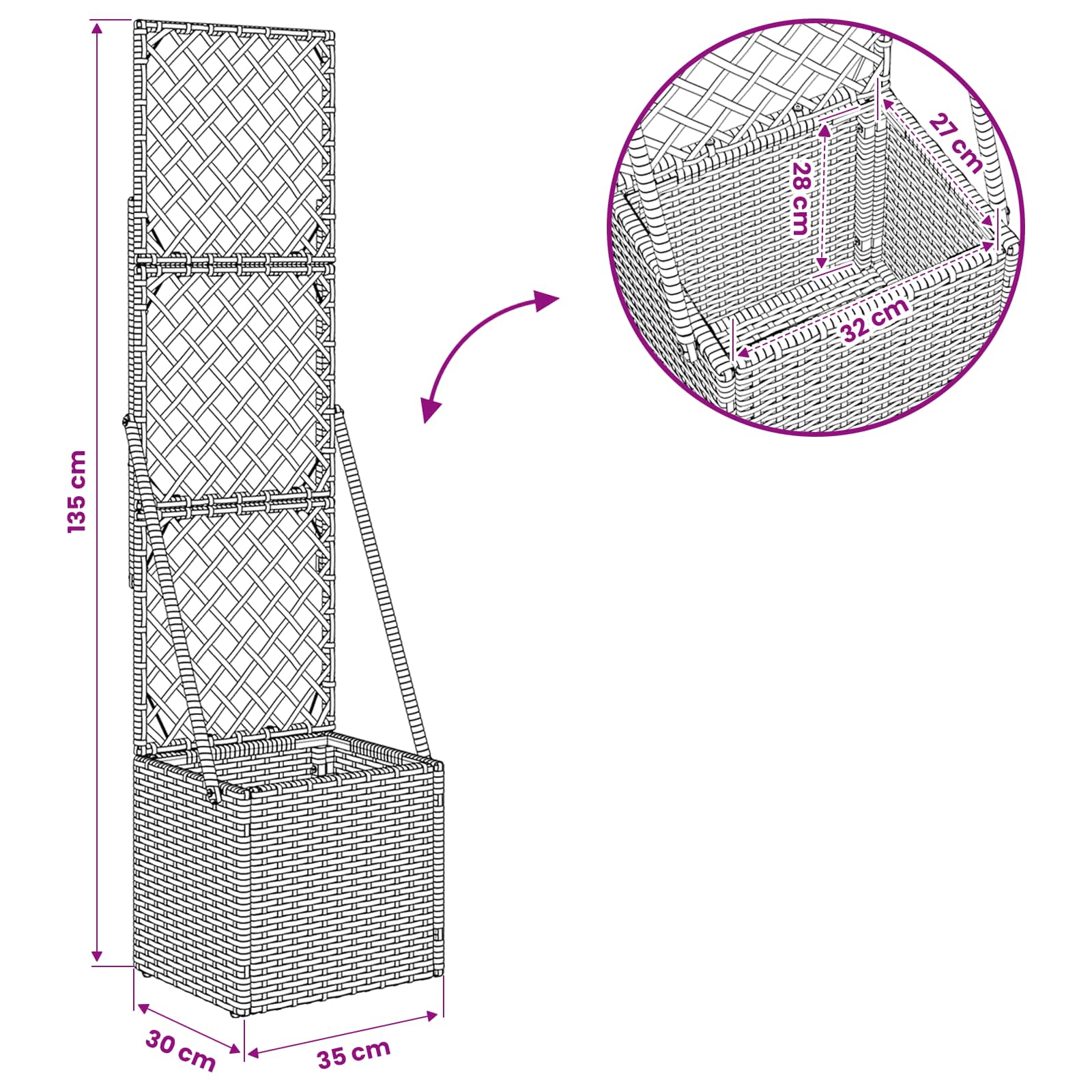 Vaso da Giardino con Trellis Grigio 35 x 30 x 135 cm polyrattan