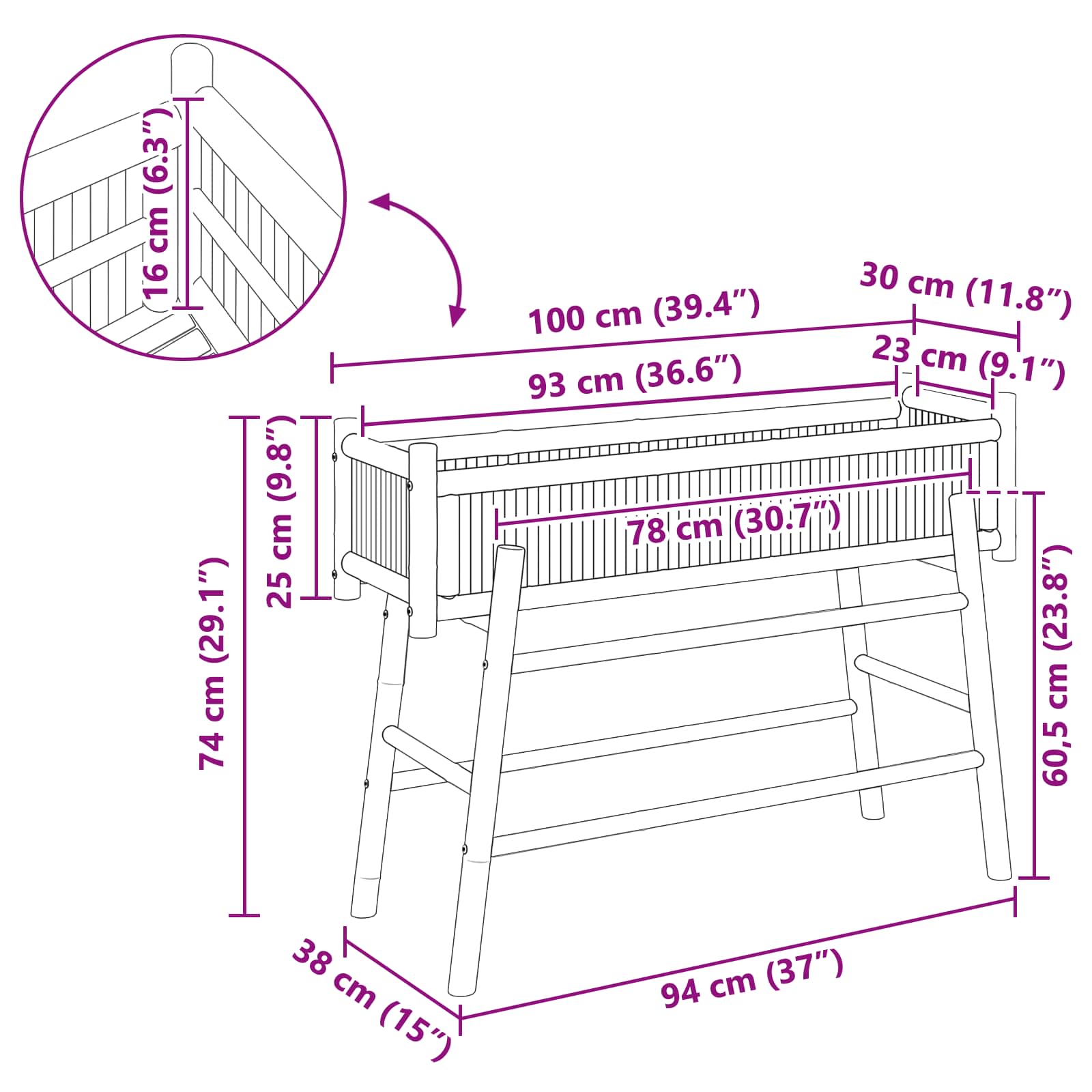 Vaso da Giardino con Supporto Naturale 100 x 38 x 74 cm Bambù