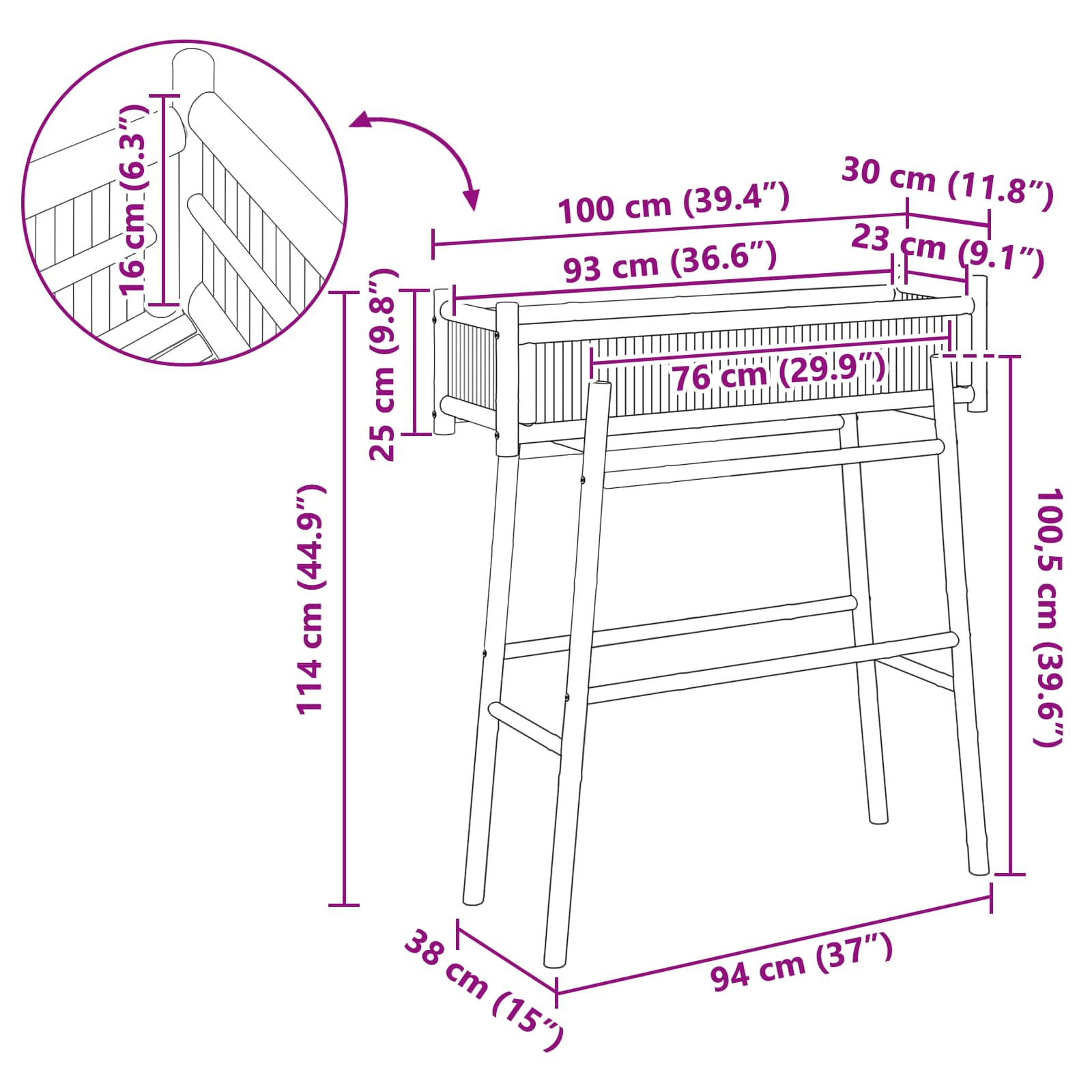 Vaso da Giardino con Supporto Naturale 100 x 38 x 114 cm Bambù