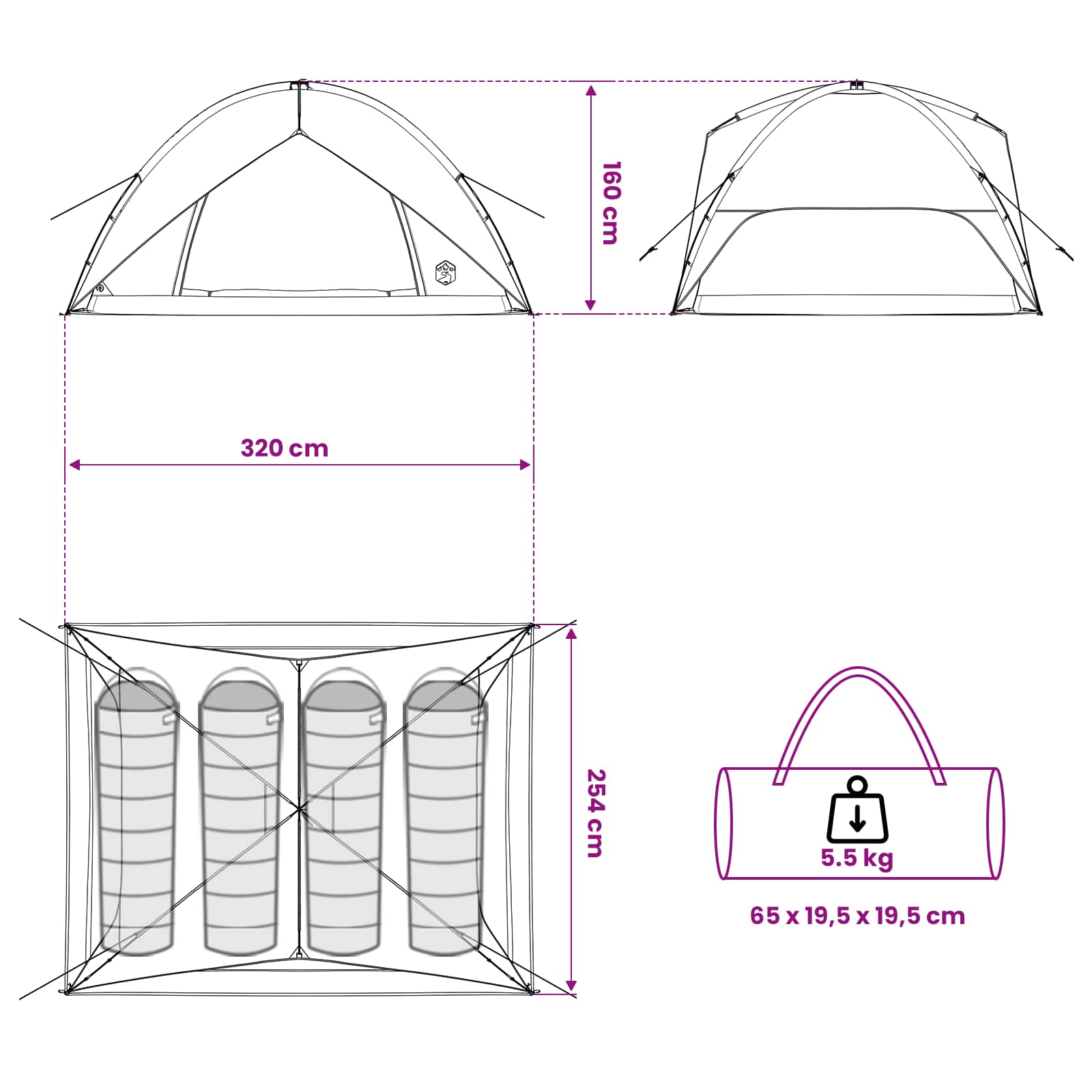 Tenda da campeggio con telo antipioggia impermeabile 4 persona