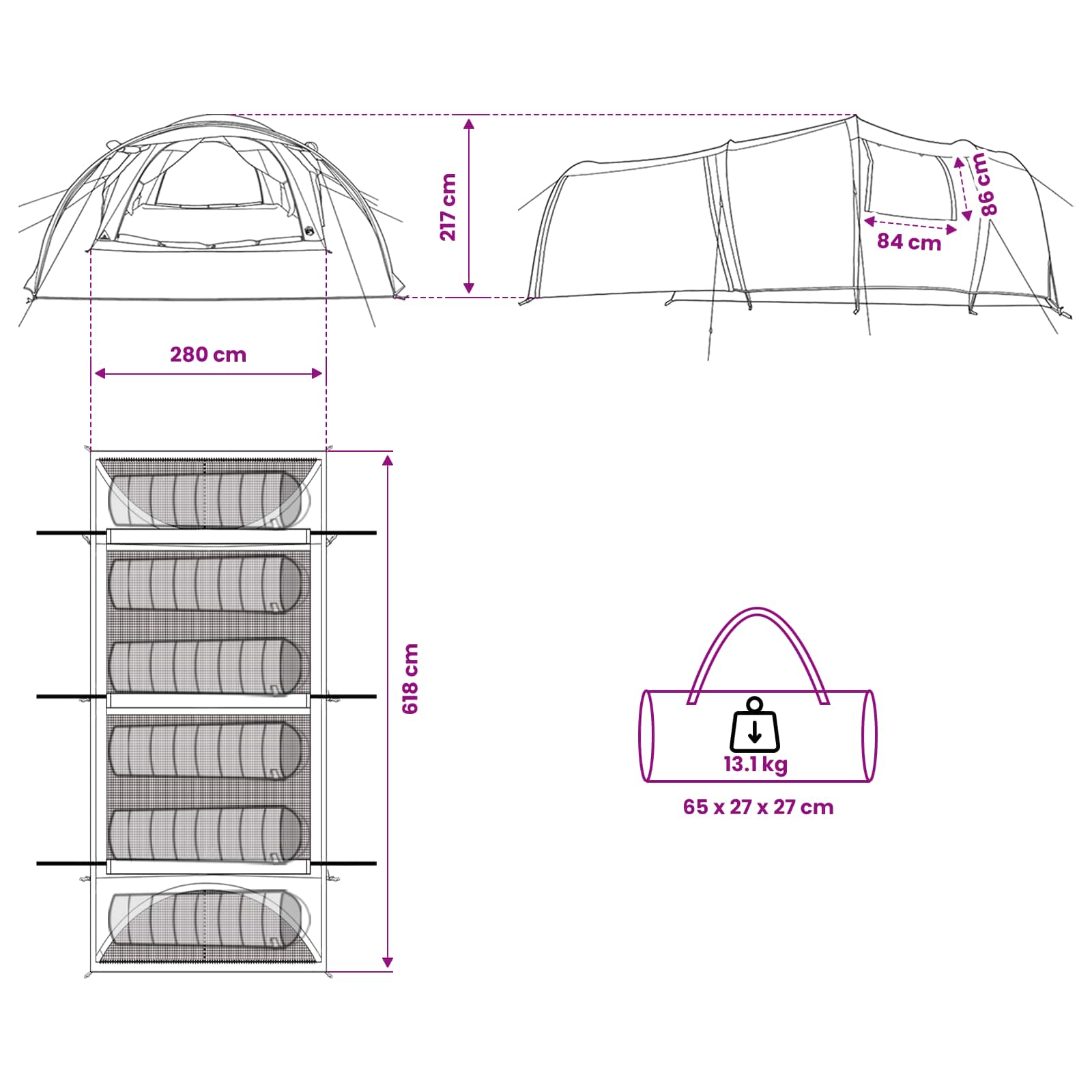 Tenda a tunnel Verde 6 persone Poliestere e Acciaio