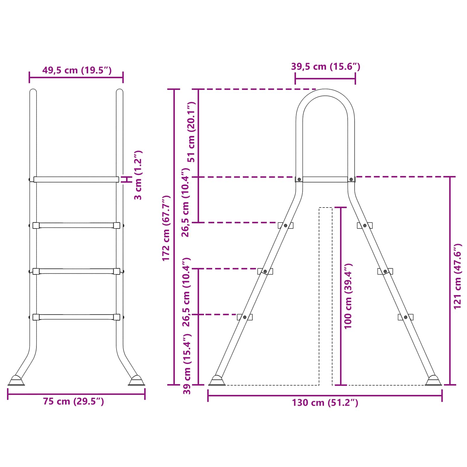 Scala per piscina fuori terra 100 cm 3-Step Acciaio Inox 304