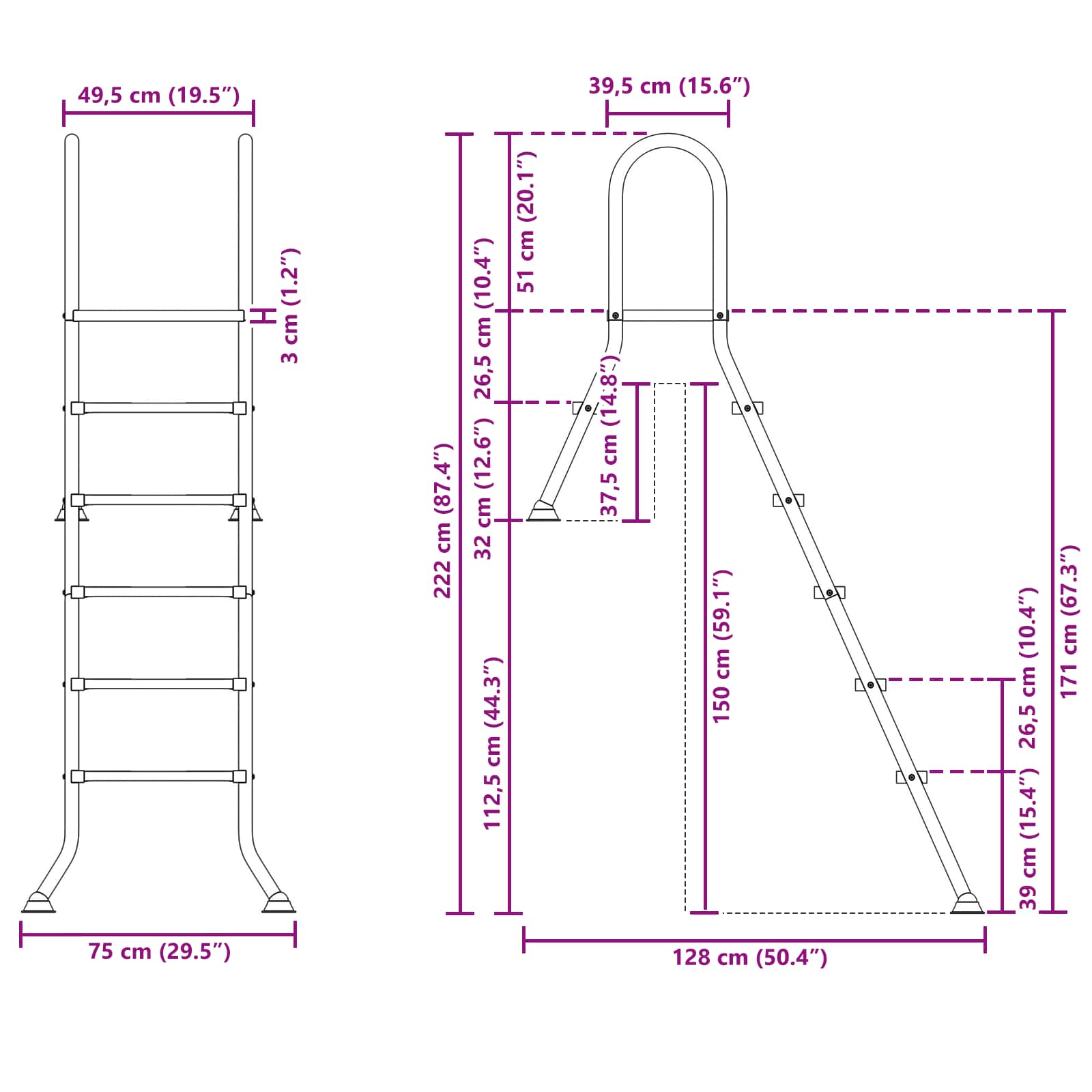 Scala per piscina parzialmente interrata 222 x 128 cm 5-Gradino