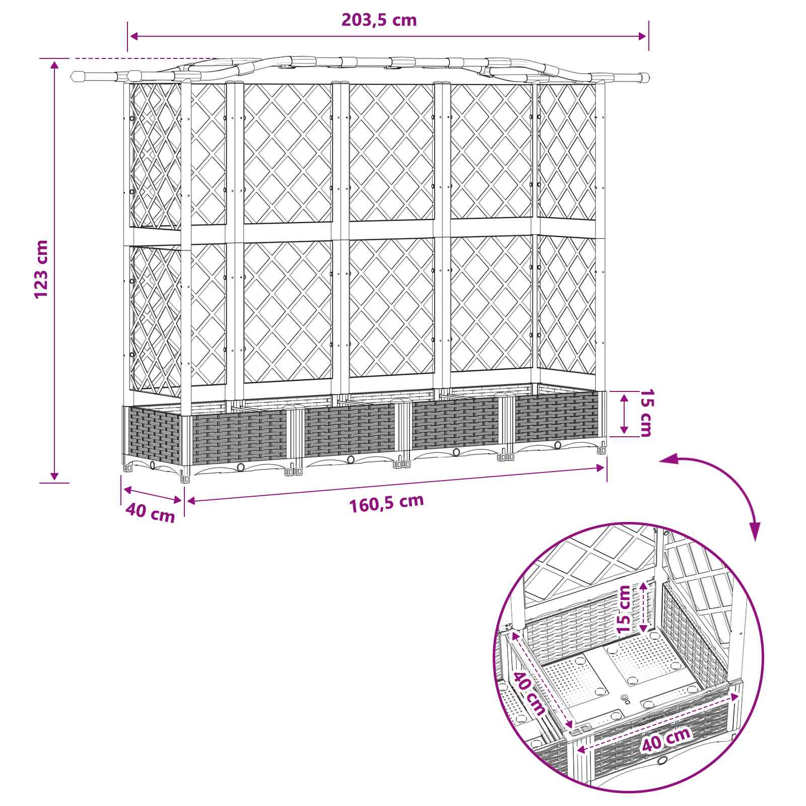 Letto Rialzato con Griglia e Tetto Marrone 203,5 x 40 x 123 cm
