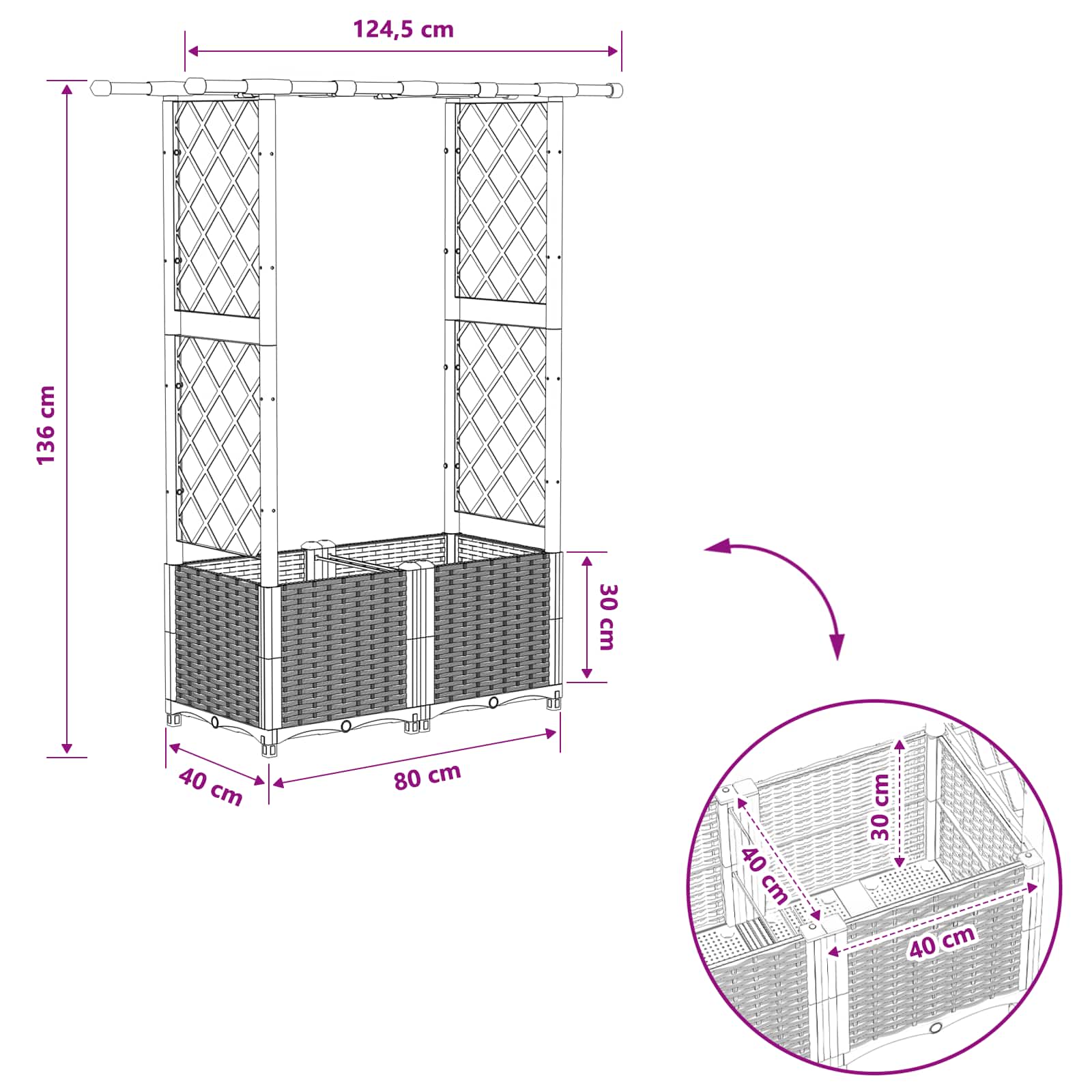 Letto Rialzato con Griglia e Tetto Grigio 124,5 x 40 x 136 cm