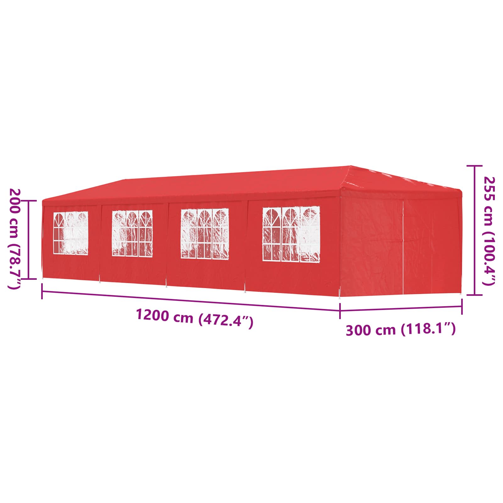 Tenda Party 1200 x 300 x 255 cm Rosso PE e Acciaio