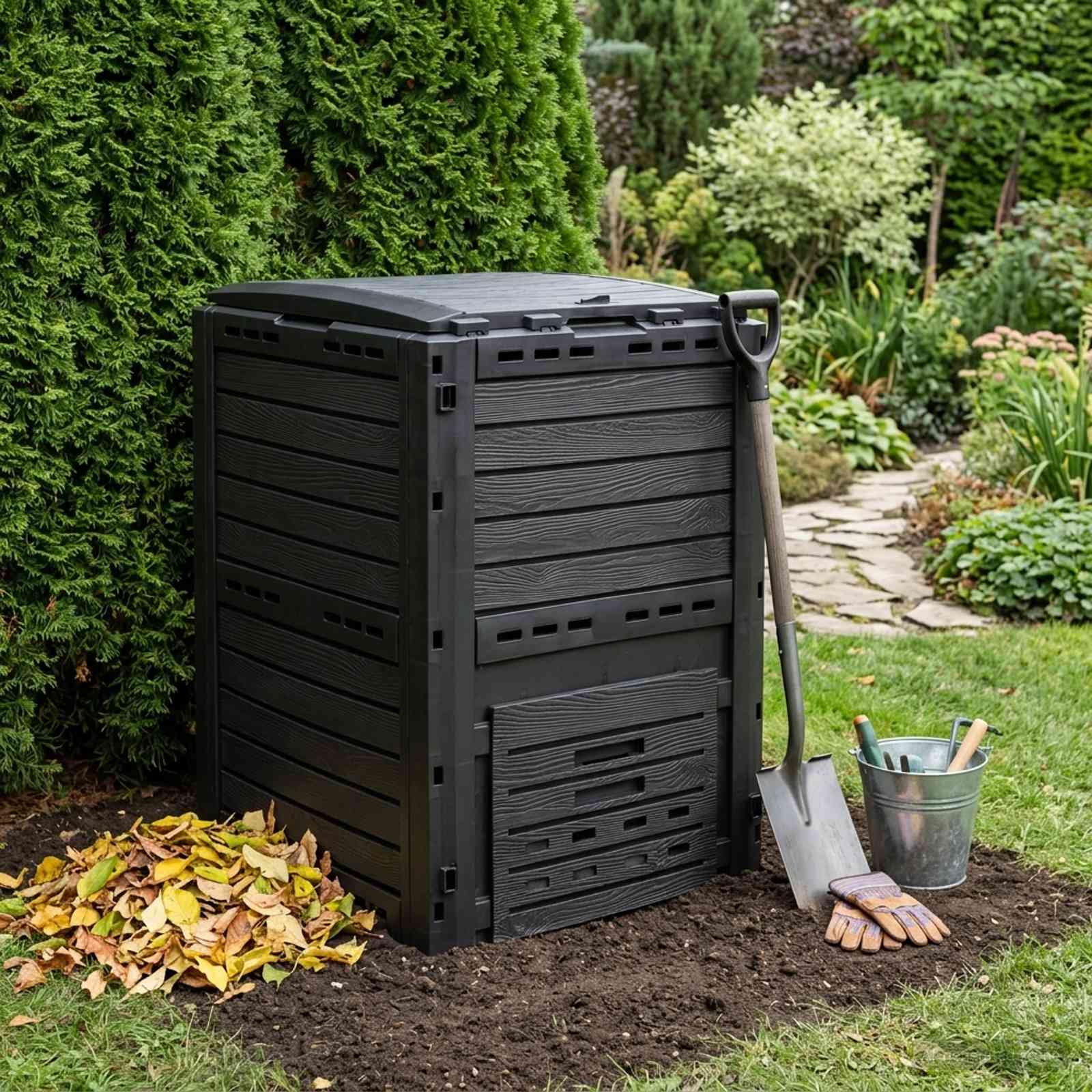 Compostiera da giardino Nero 59,5 x 60 x 81,5 cm 280 l 100% PP