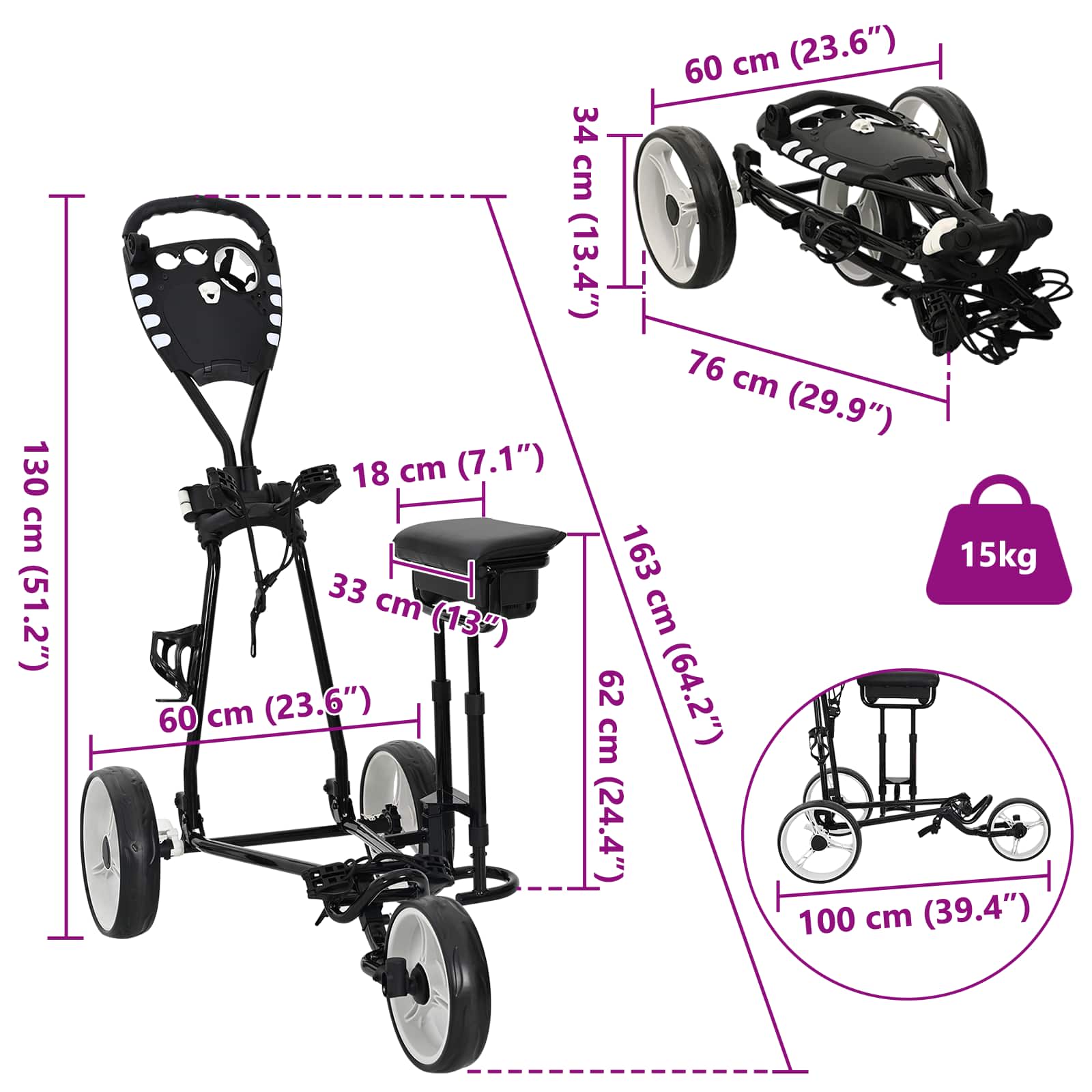 Carrello da golf con sedile Nero e Bianco Ferro Pieghevole