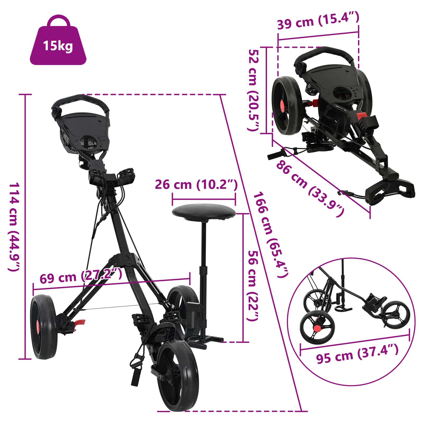 Carrello da golf con sedile Nero 95 x 69 x 114 cm Ferro