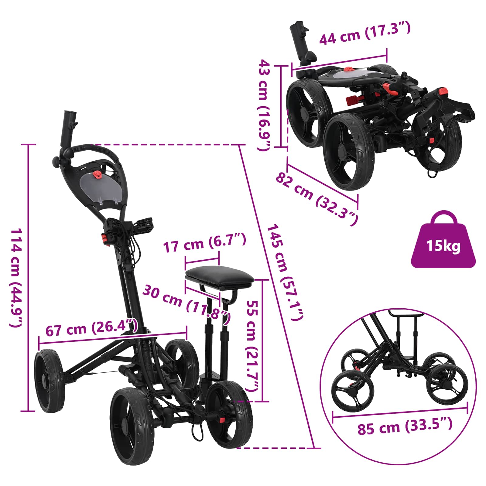 Carrello da golf con sedile Nero Alluminio Pieghevole