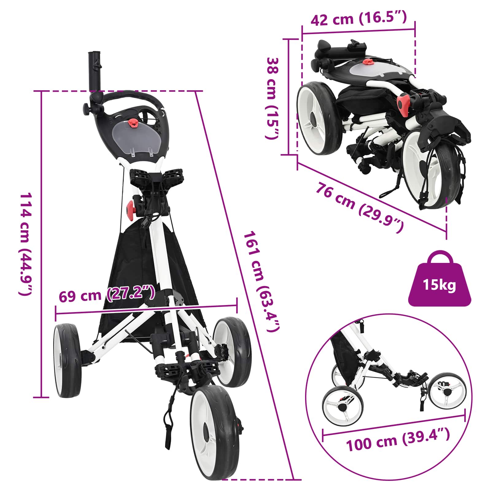 Carrello da golf Nero e Bianco Alluminio Pieghevole