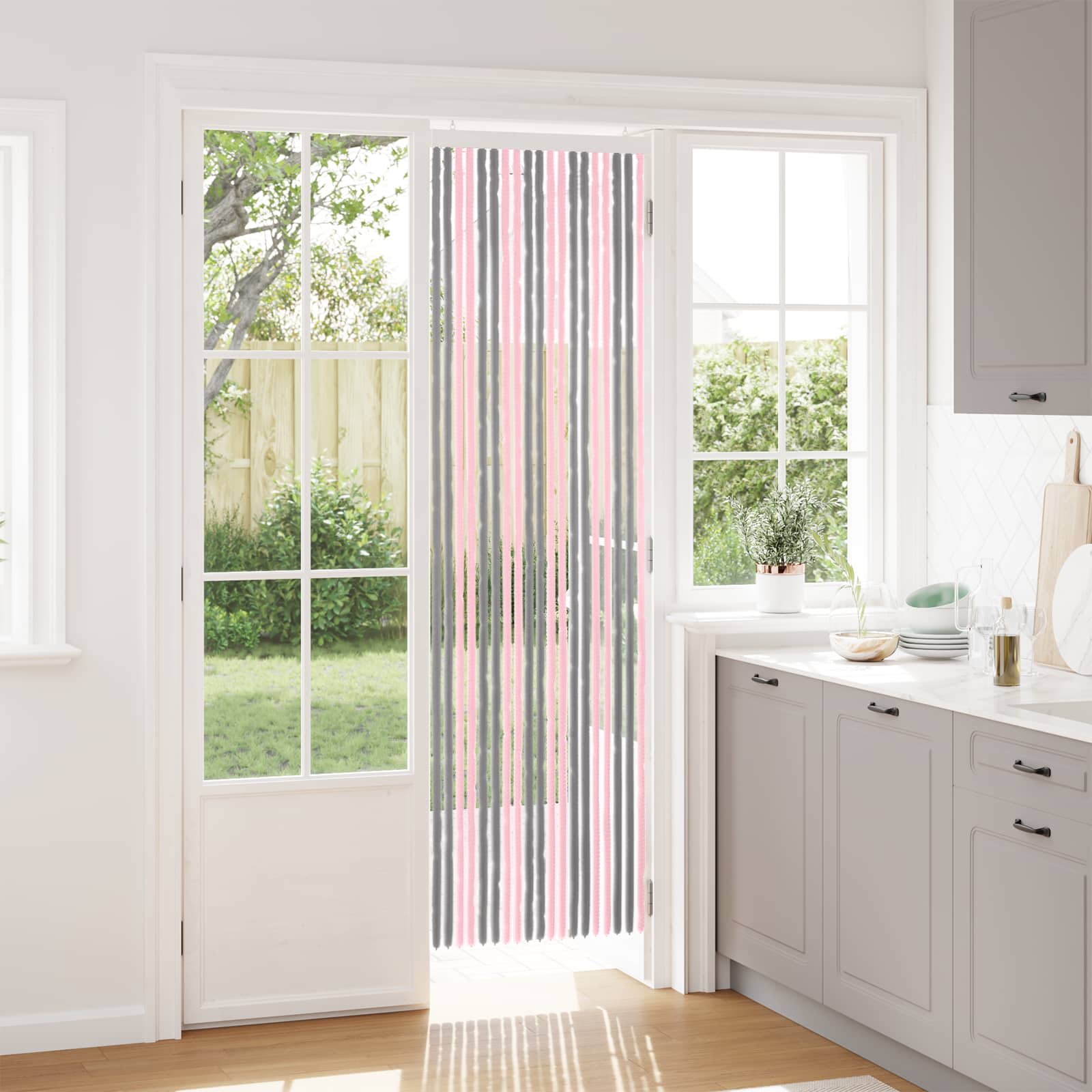 Tenda per insetti in chenille Grigio Argento e Rosa 56 x 200 cm