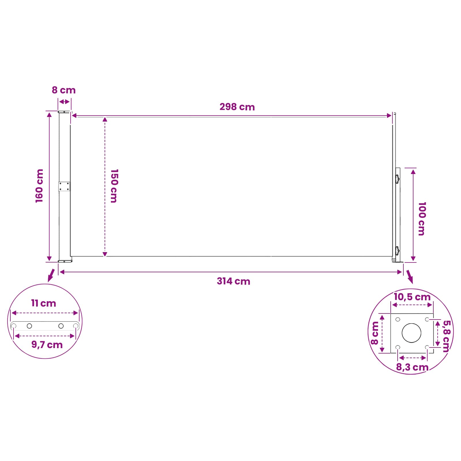 Tenda laterale retrattile Rettangolare 160 x 300 cm
