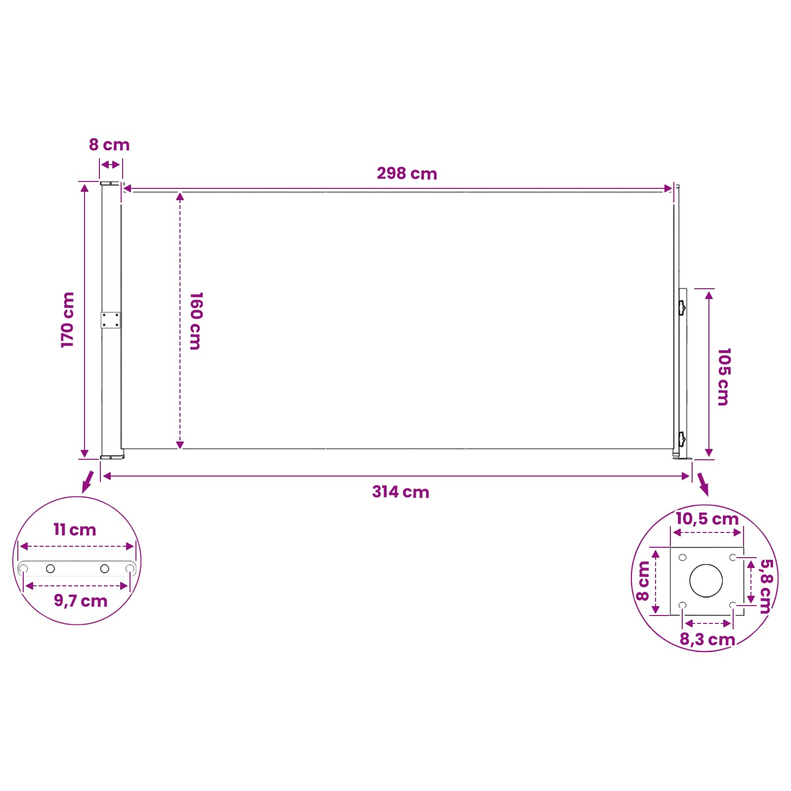 Tenda laterale retrattile Rettangolare 170 x 300 cm Poliestere