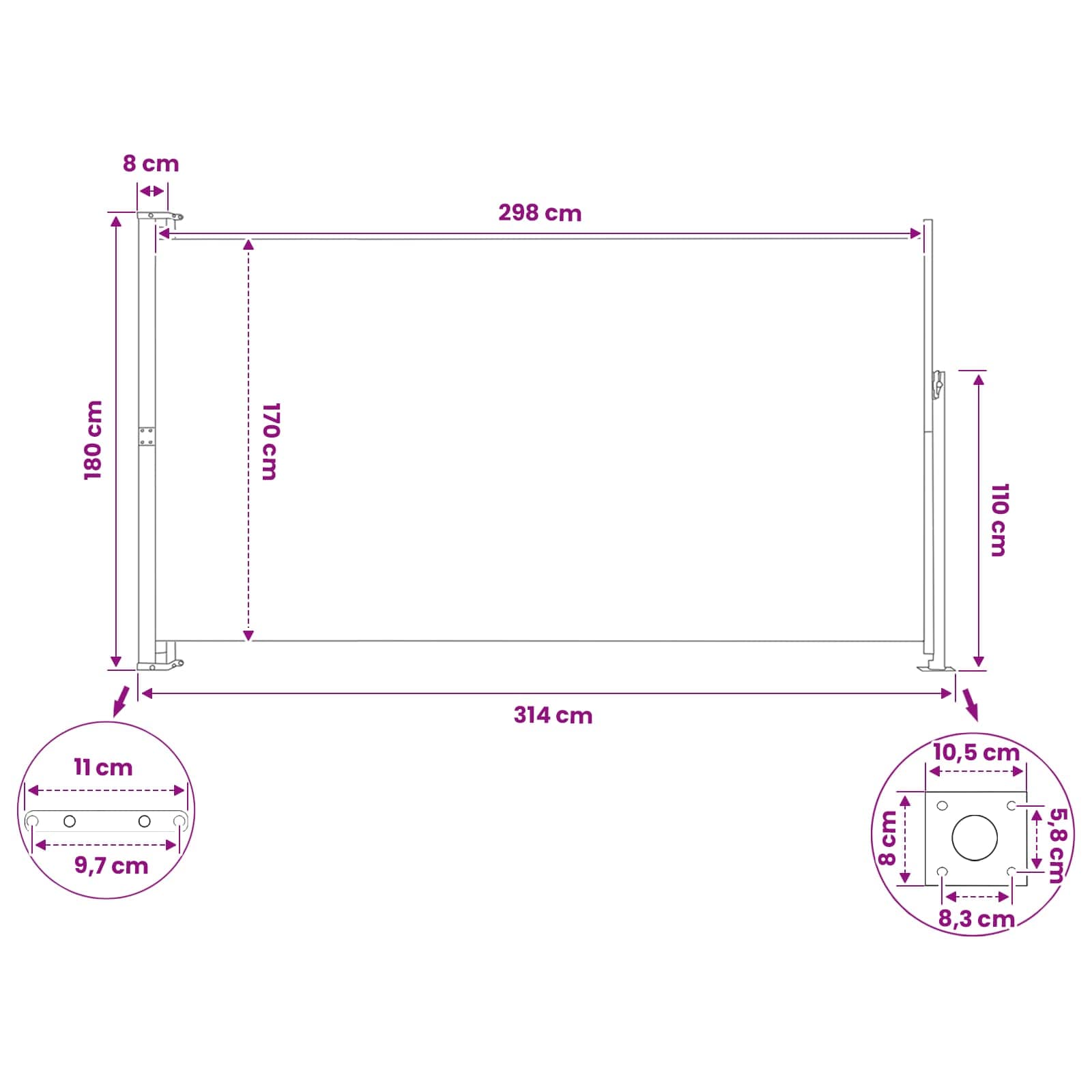 Tenda laterale retrattile Rettangolare 180 x 300 cm Poliestere