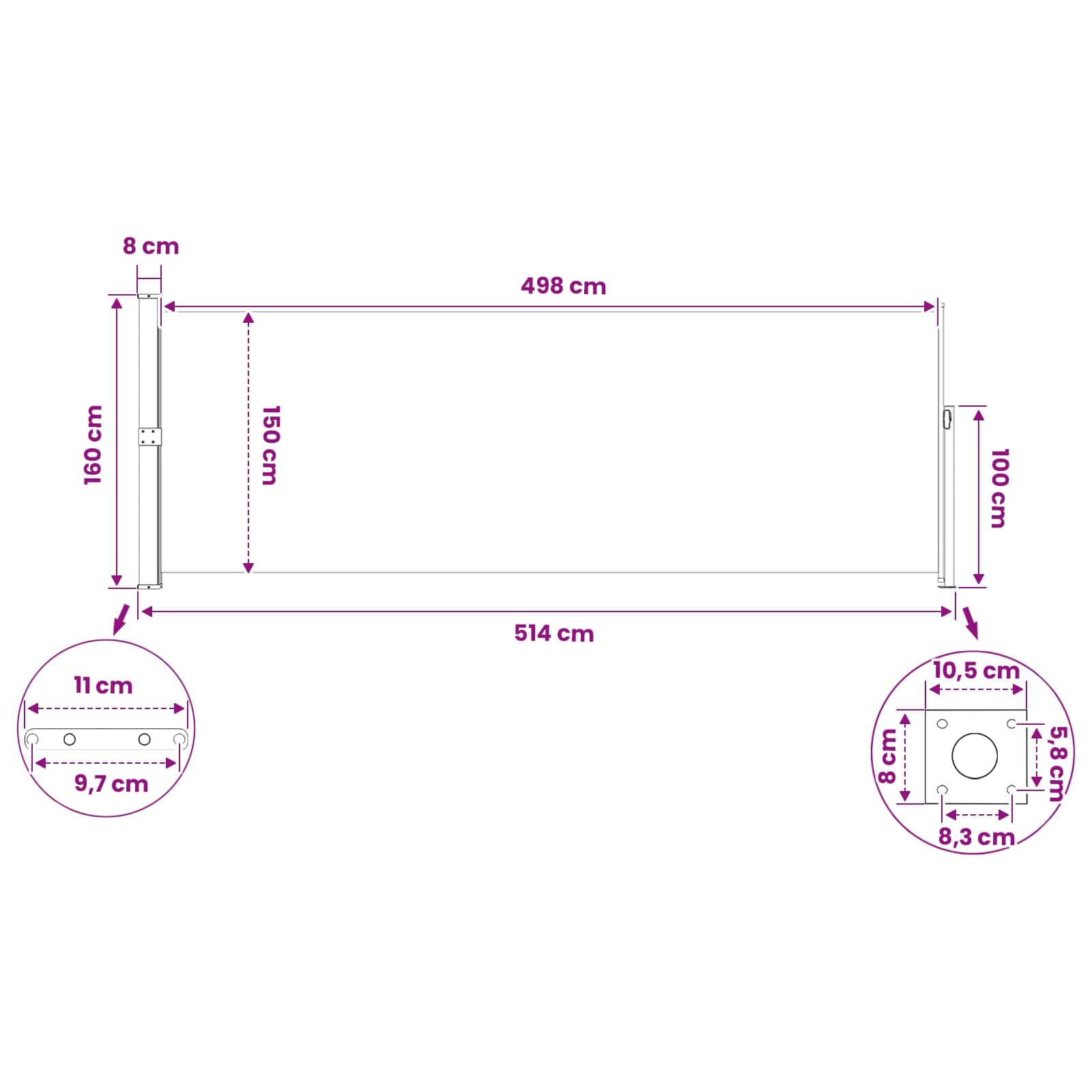 Tenda laterale retrattile Rettangolare 160 x 500 cm Poliestere