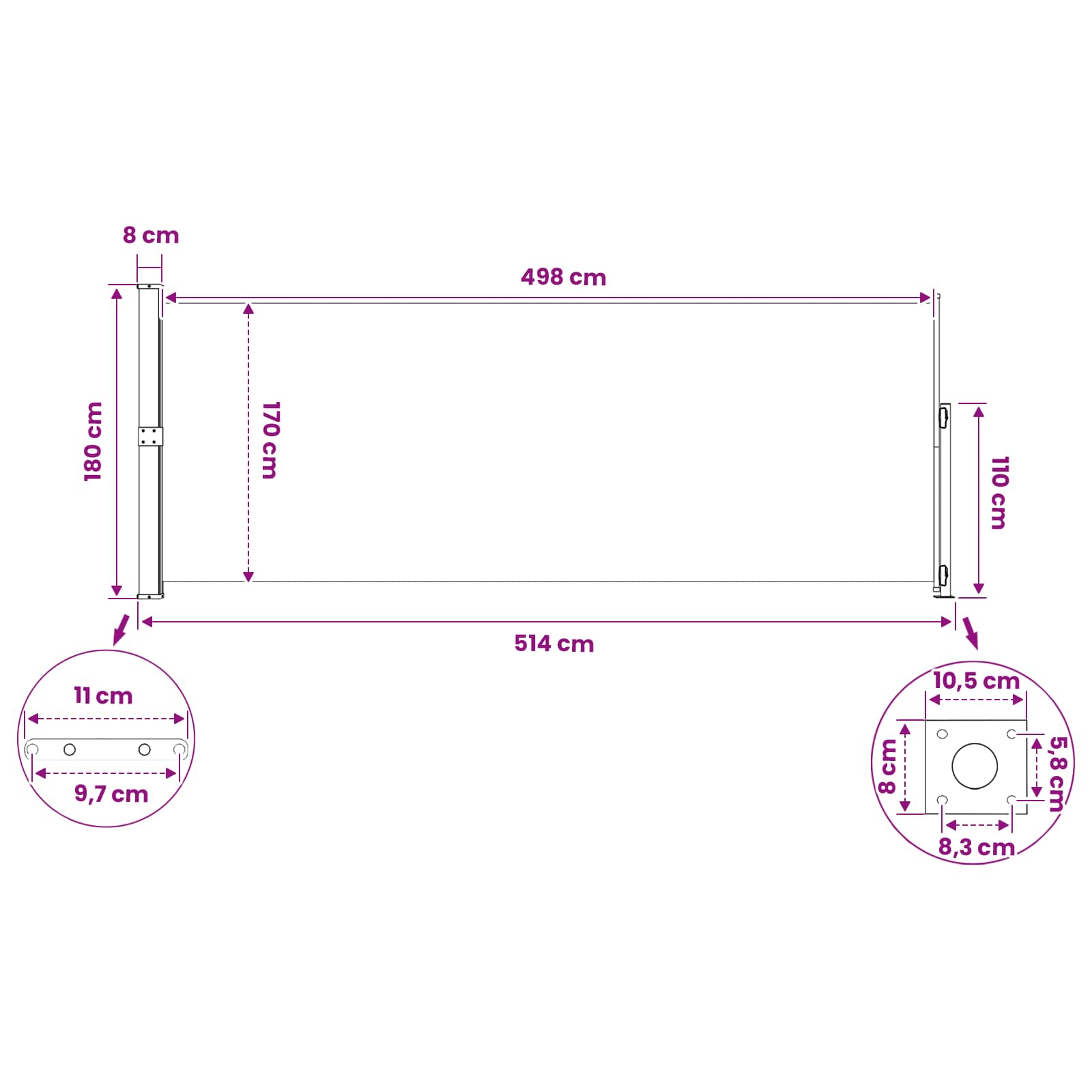 Tenda laterale retrattile Rettangolare 180 x 500 cm