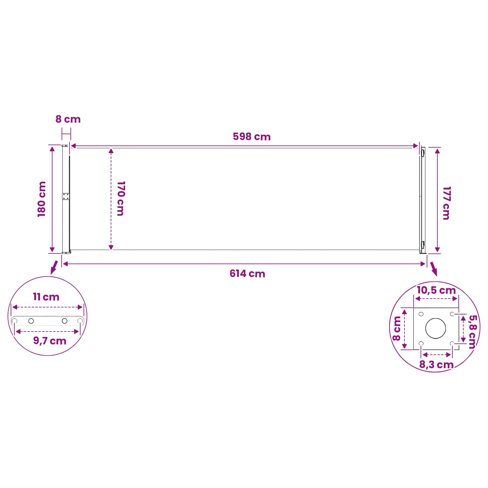 Tenda laterale retrattile Rettangolare 180 x 600 cm Poliestere
