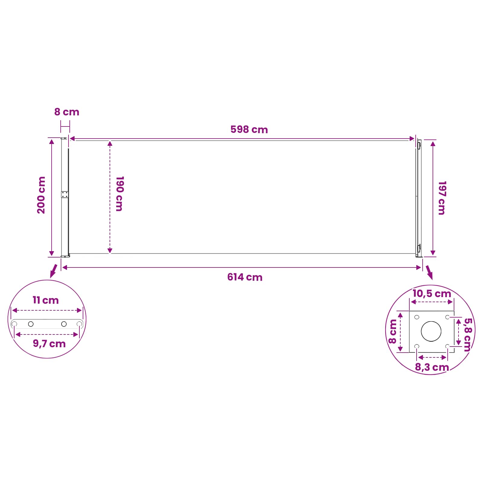 Tenda laterale retrattile Rettangolare 200 x 600 cm Poliestere