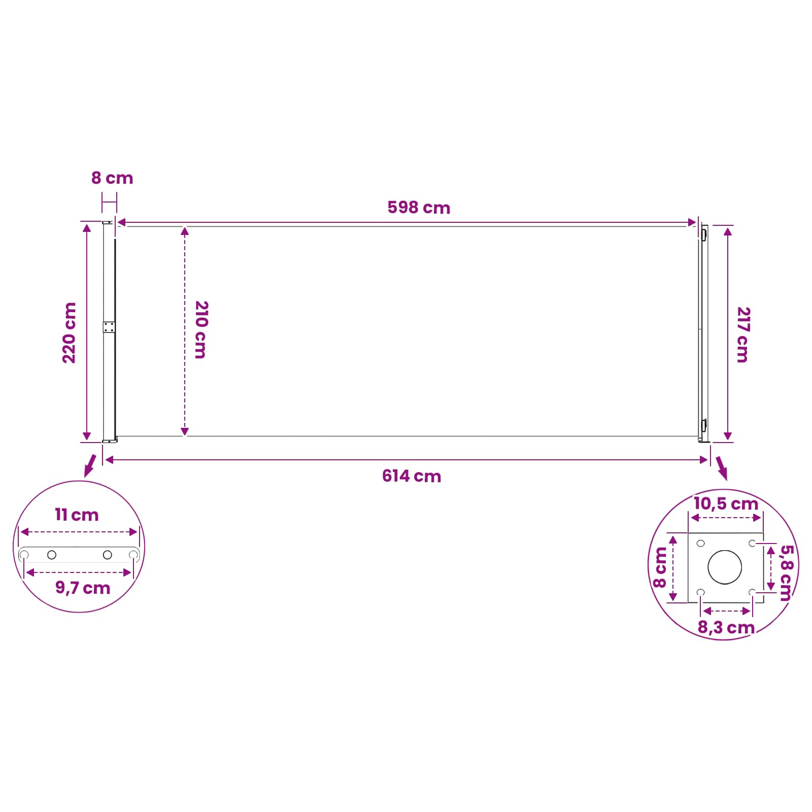 Tenda laterale retrattile Rettangolare 220 x 600 cm Poliestere