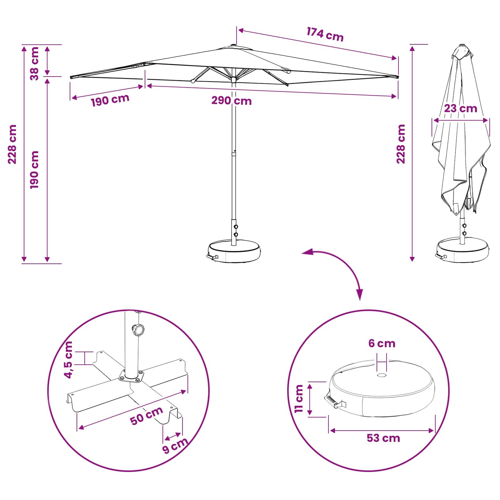 Parasole da Giardino con Base 200 x 300 cm Poliestere