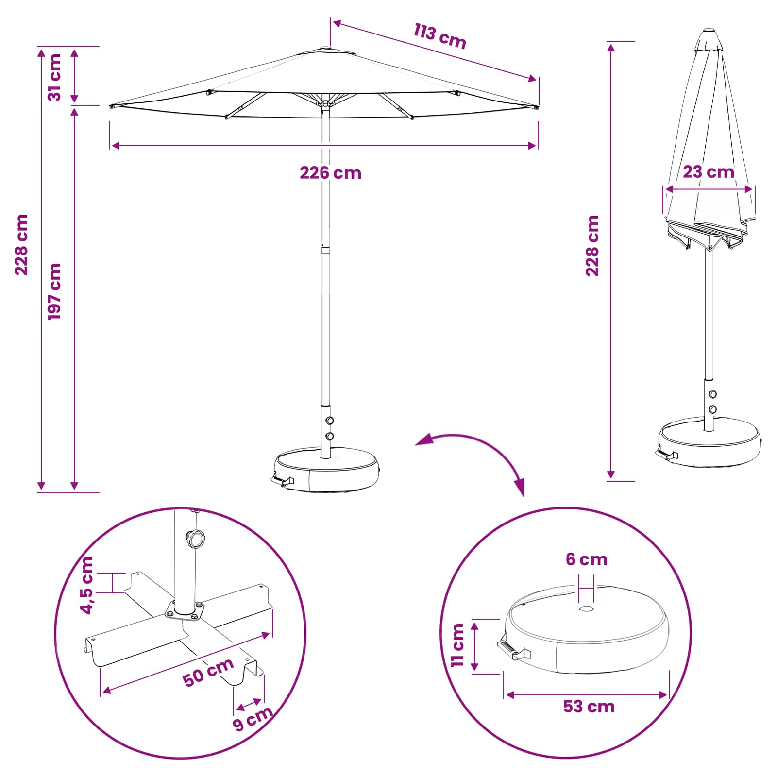 Parasole da Giardino con Base 230 x 230 cm Poliestere
