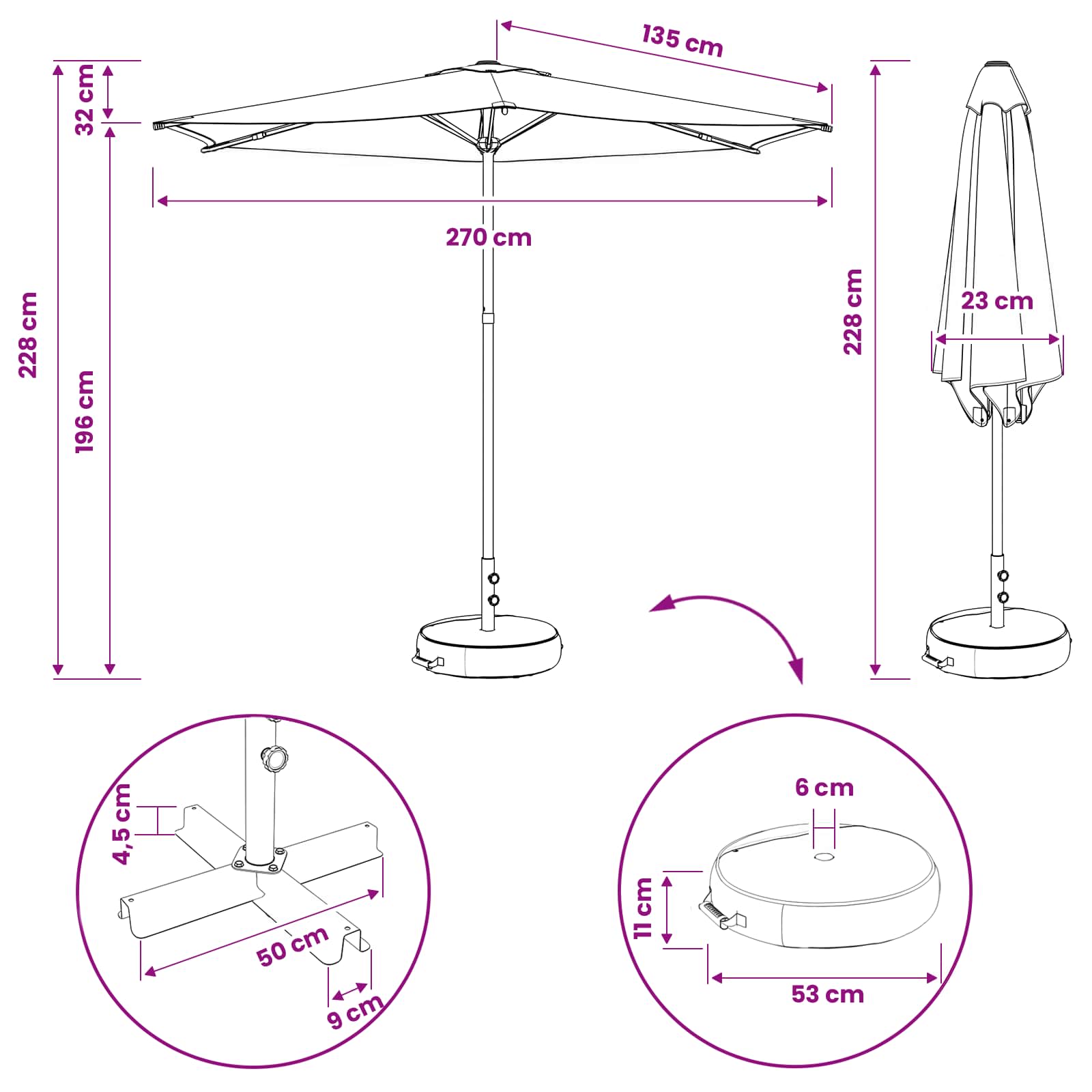 Parasole da Giardino con Base 270 x 270 cm Poliestere