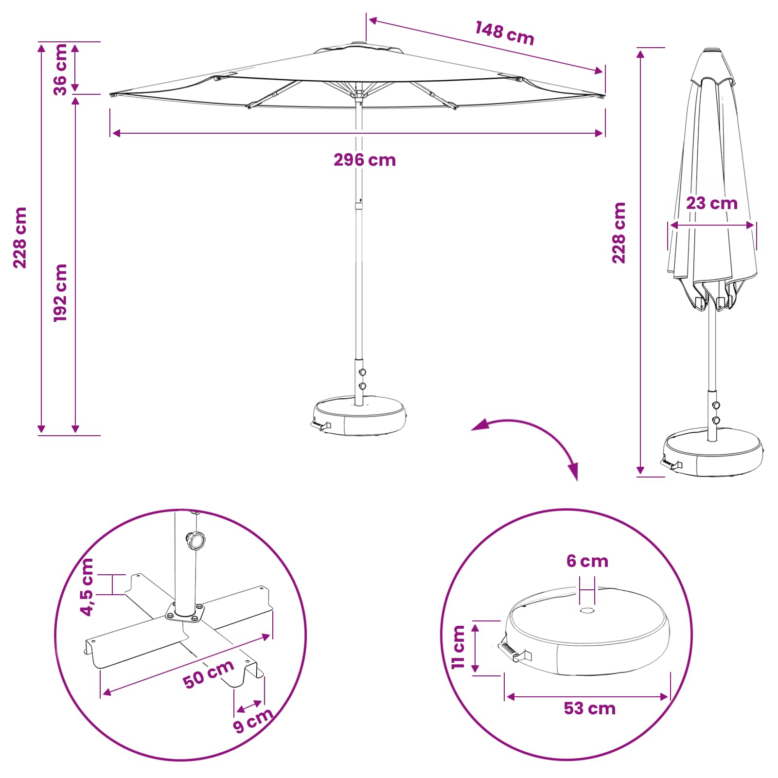 Parasole da Giardino con Base 300 x 300 cm Poliestere