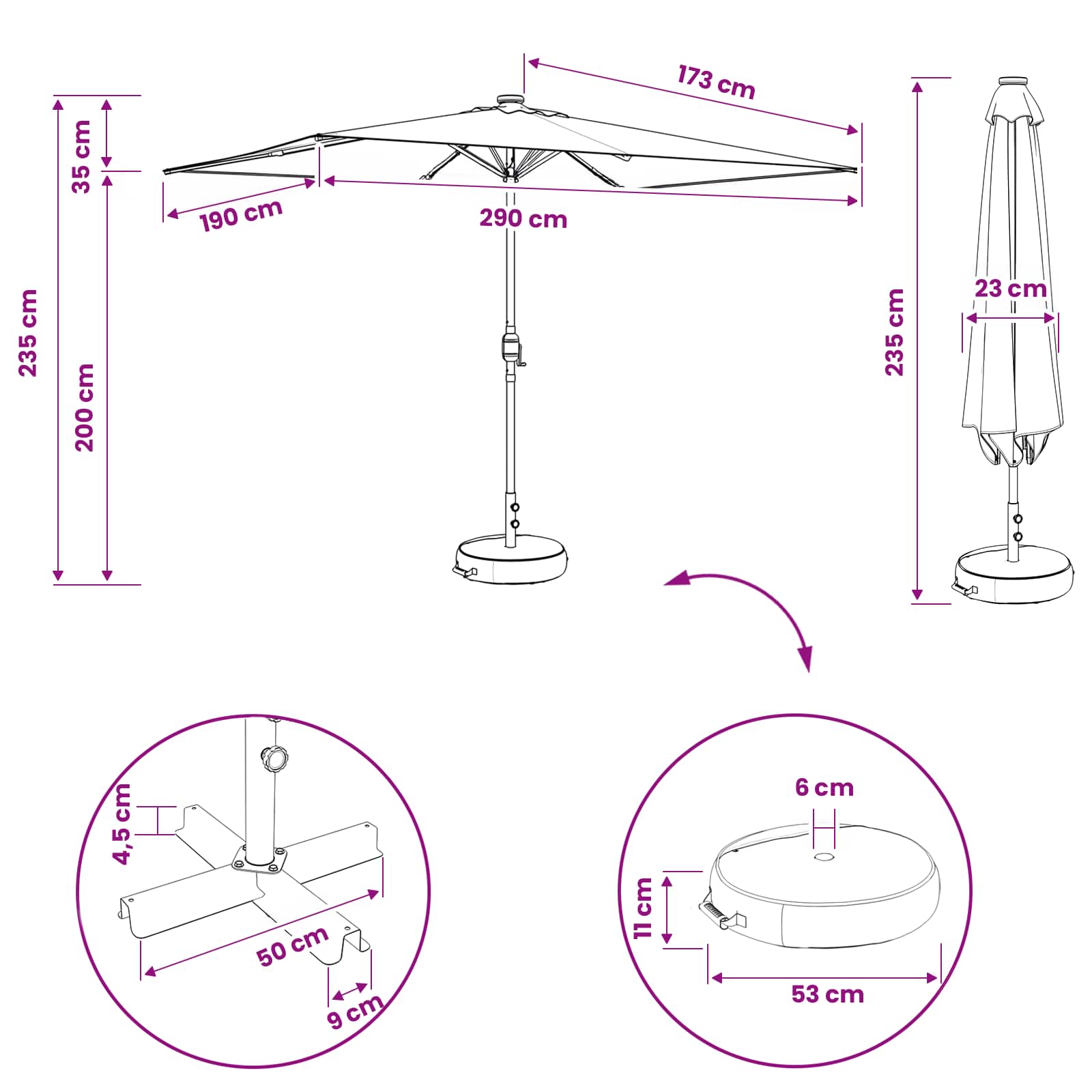 Parasol da giardino con luci LED e base 200 x 300 cm Poliestere