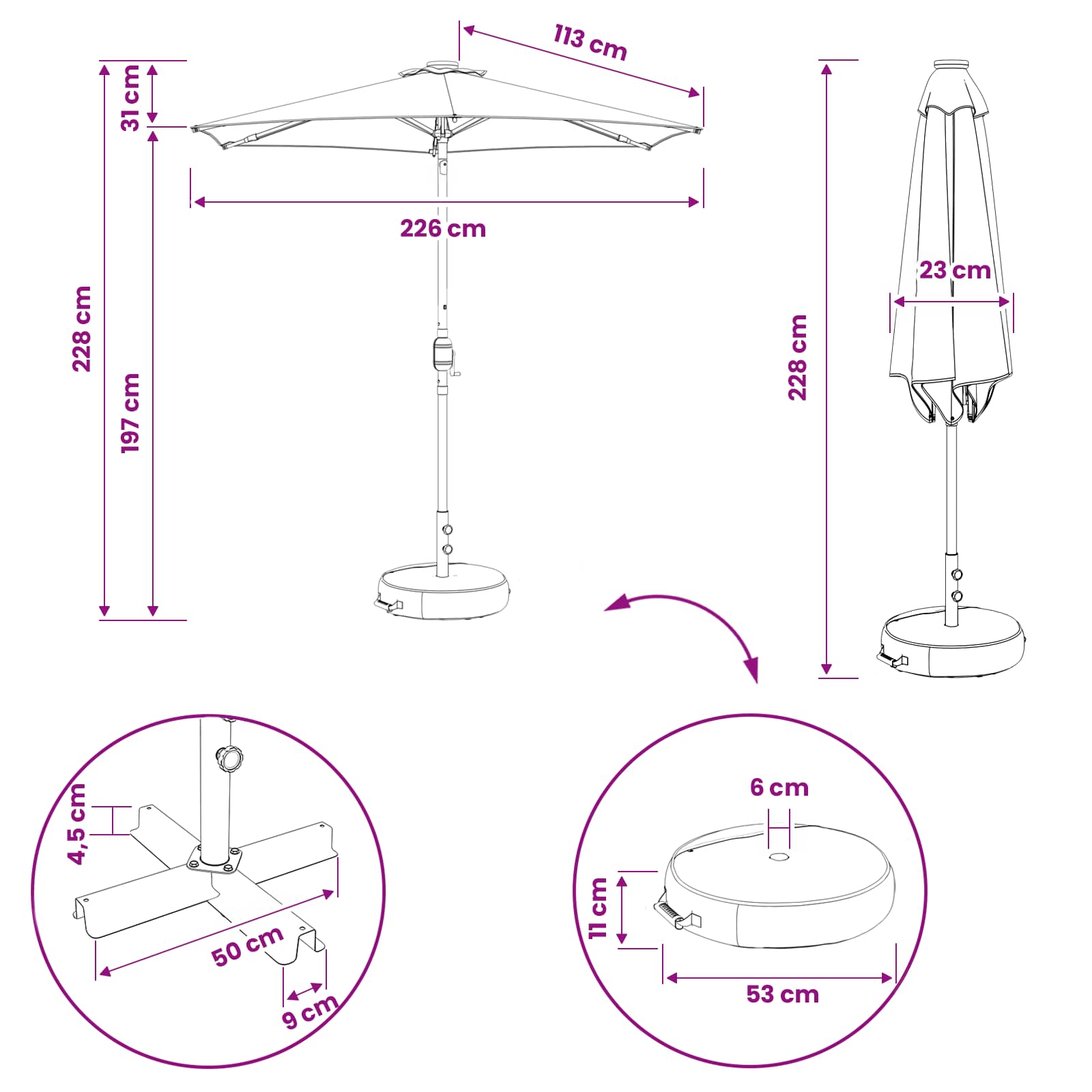 Parasol da giardino con luci LED e base 230 x 230 cm Poliestere