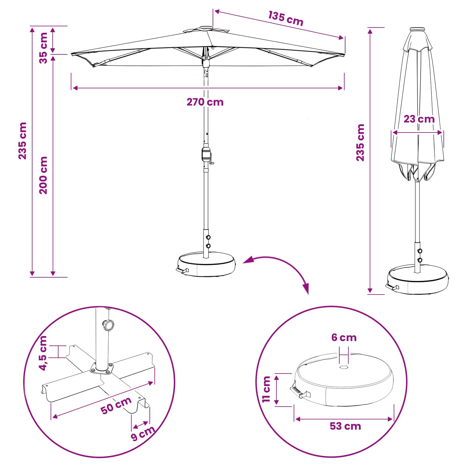 Parasol da giardino con luci LED e base 270 x 270 cm Poliestere