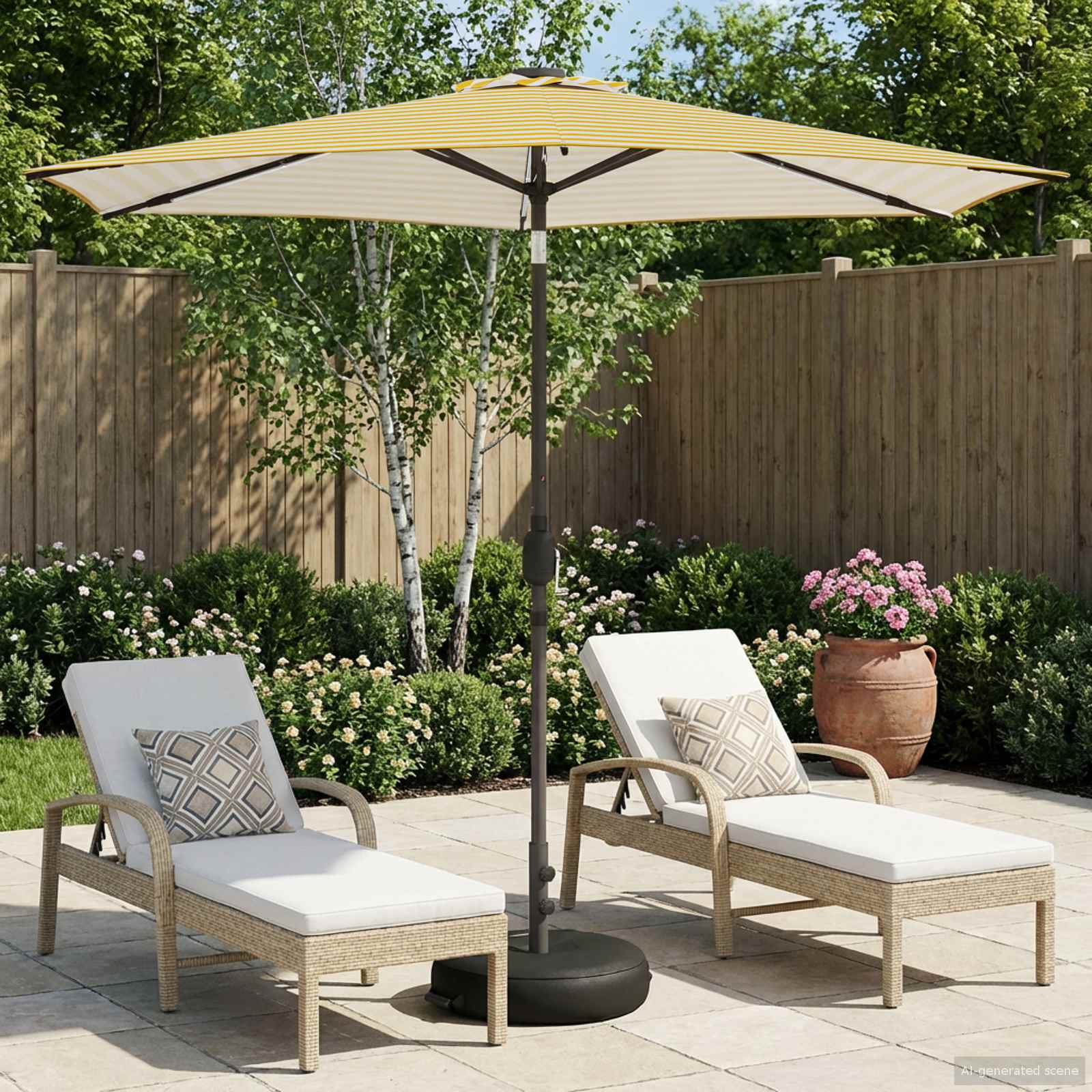 Parasol da giardino con luci LED e base 270 x 270 cm Poliestere