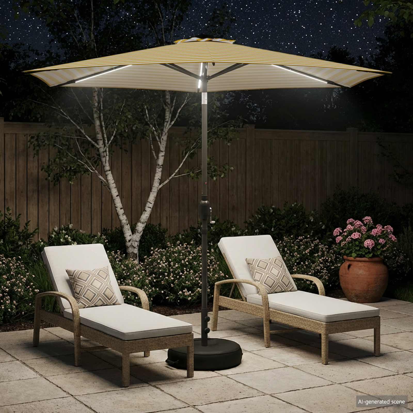 Parasol da giardino con luci LED e base 270 x 270 cm Poliestere