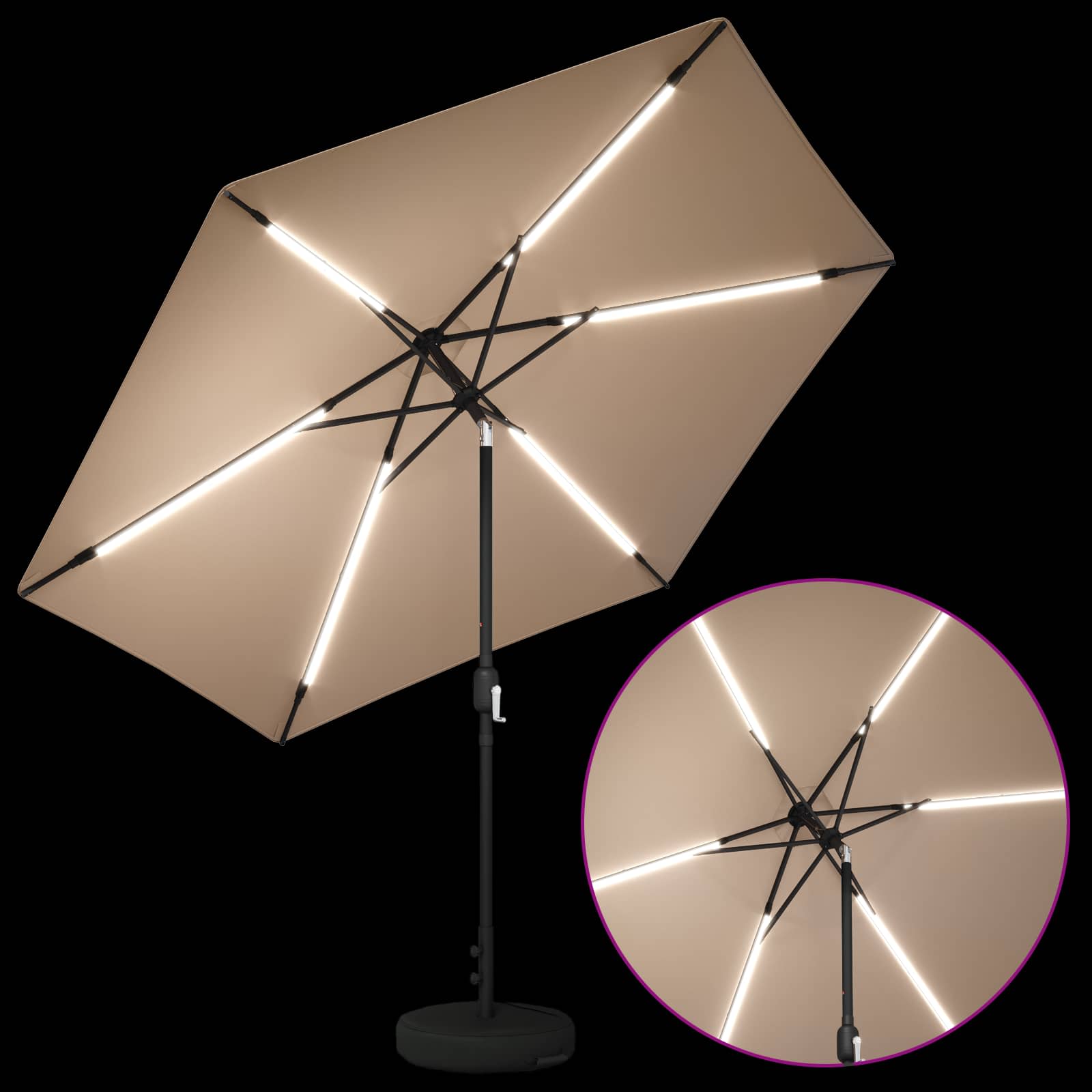 Parasol da giardino con luci LED e base 300 x 300 cm Poliestere