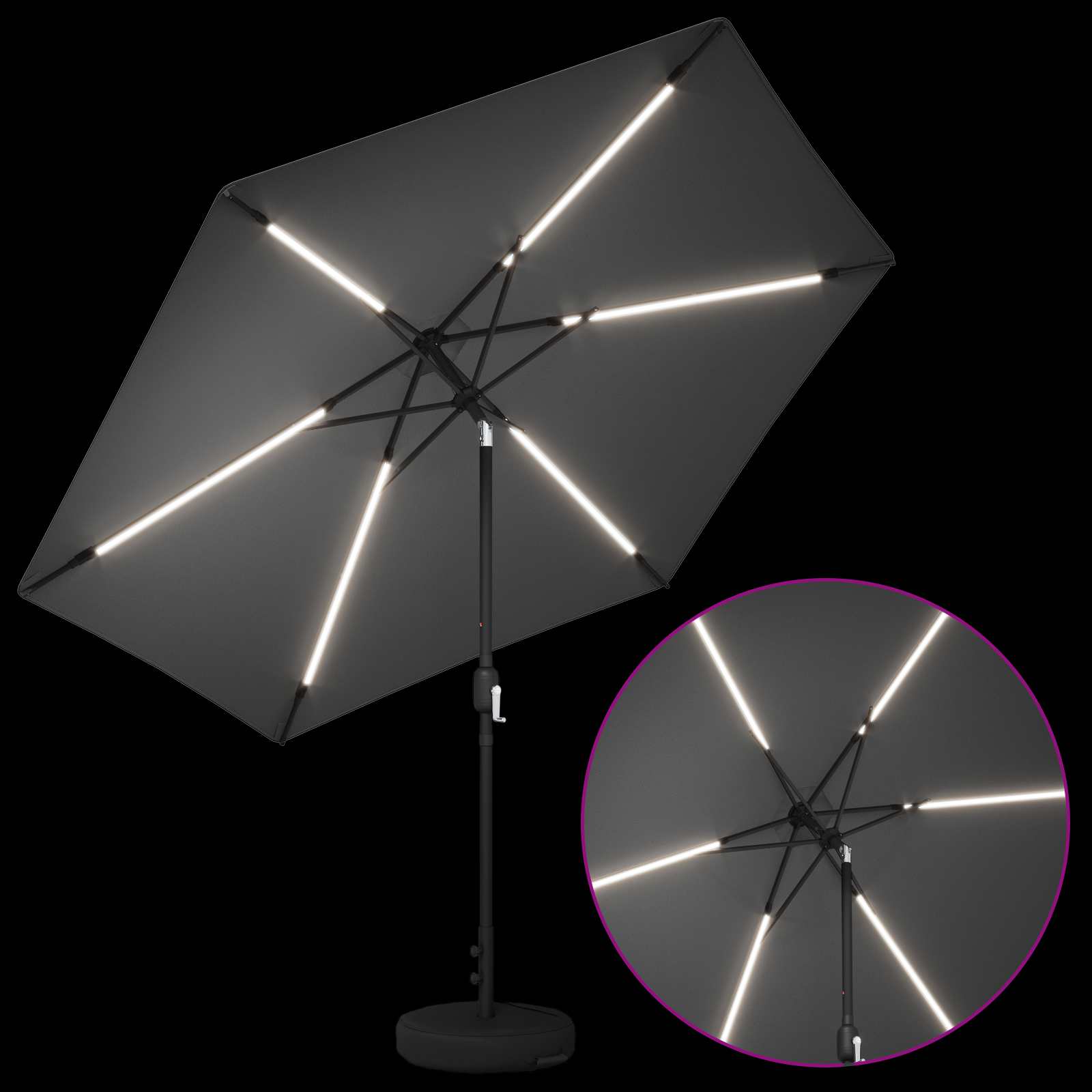 Parasol da giardino con luci LED e base 300 x 300 cm Poliestere