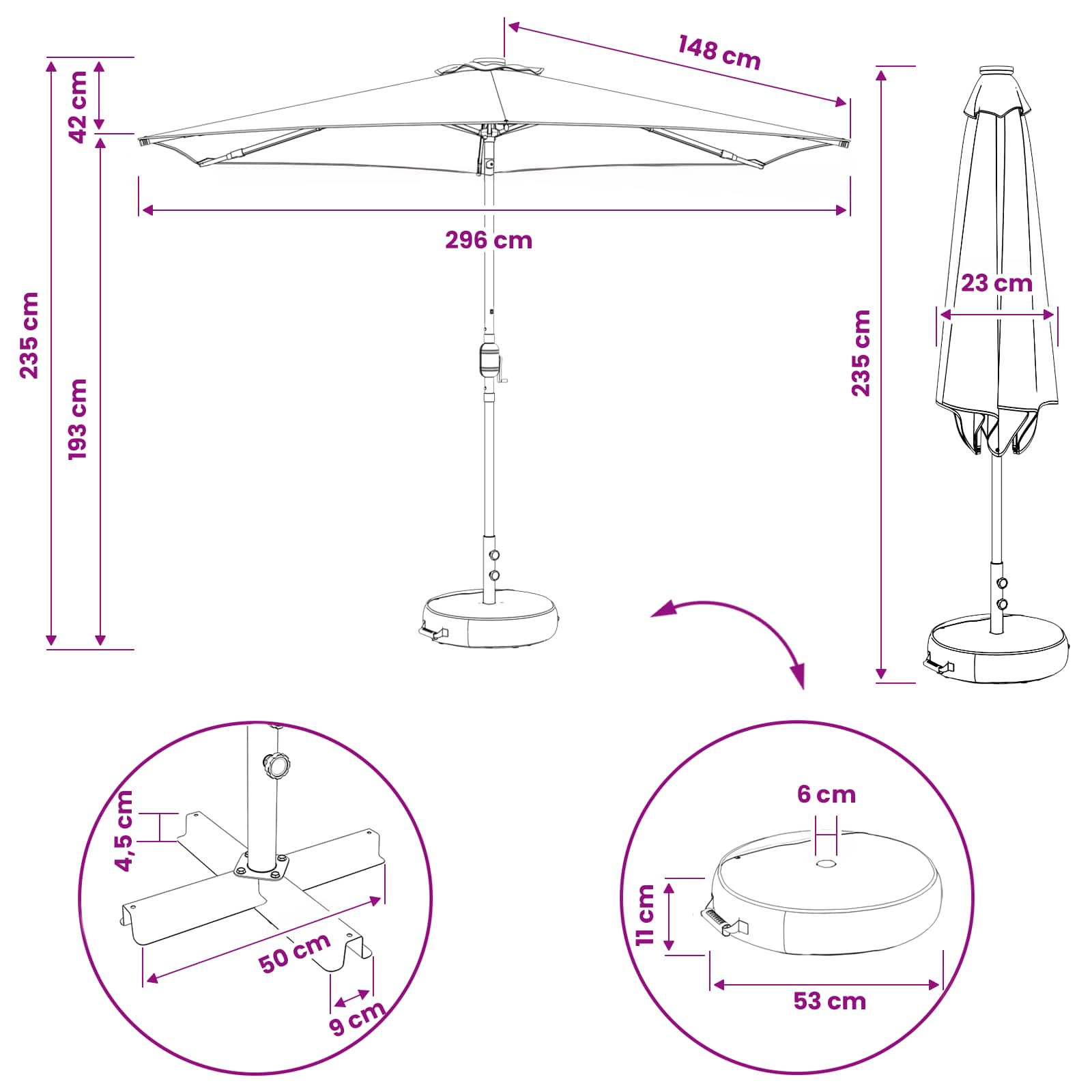 Parasol da giardino con luci LED e base 300 x 300 cm Poliestere