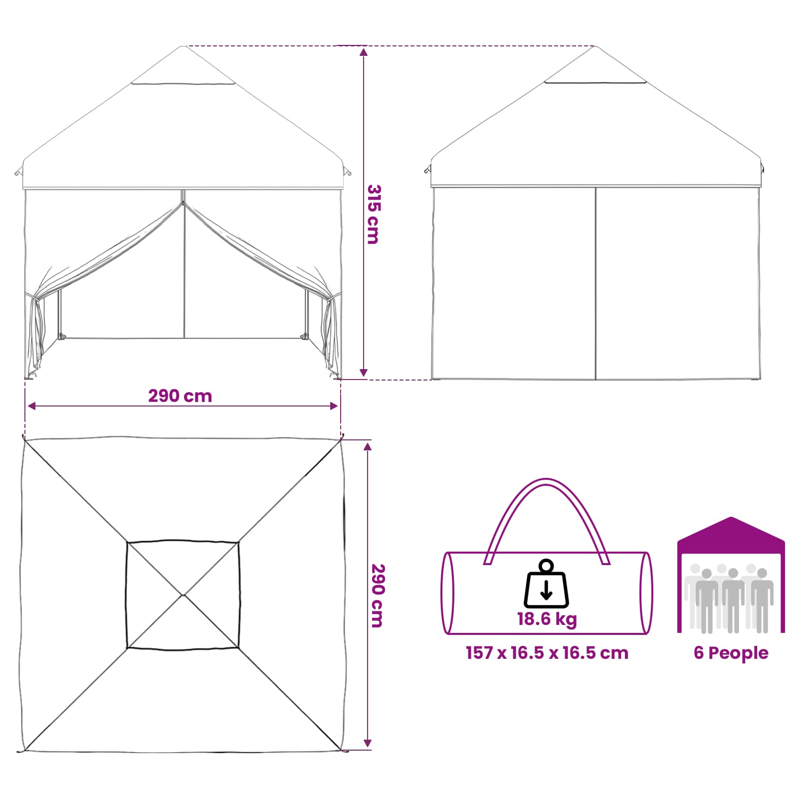 Gazebo Pop-up con 4 Pareti 2,9 x 2,9 m Blu Cacciatore
