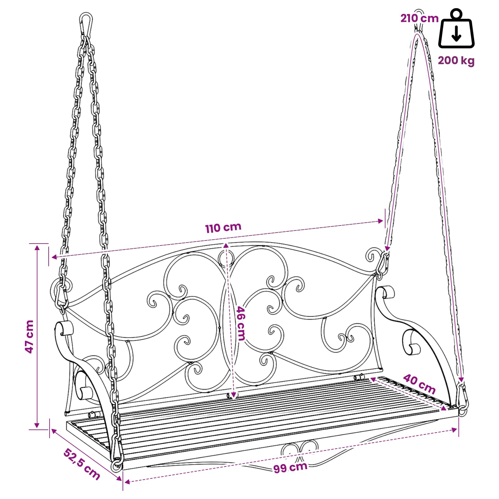 Panchina a Dondolo Acciaio 110 x 52,5 x 47 cm Bianco Antico