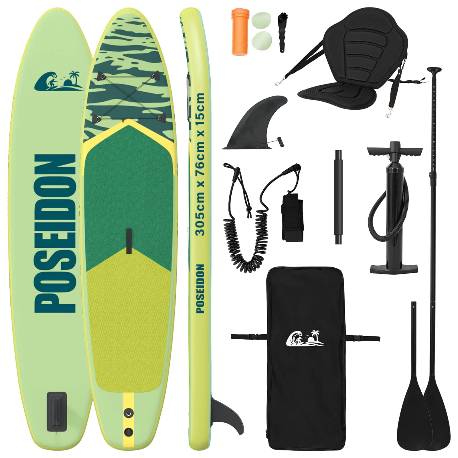 SUP Board con Seggiolino 2-in-1 POSEIDON 305 x 76 x 15 cm Verde